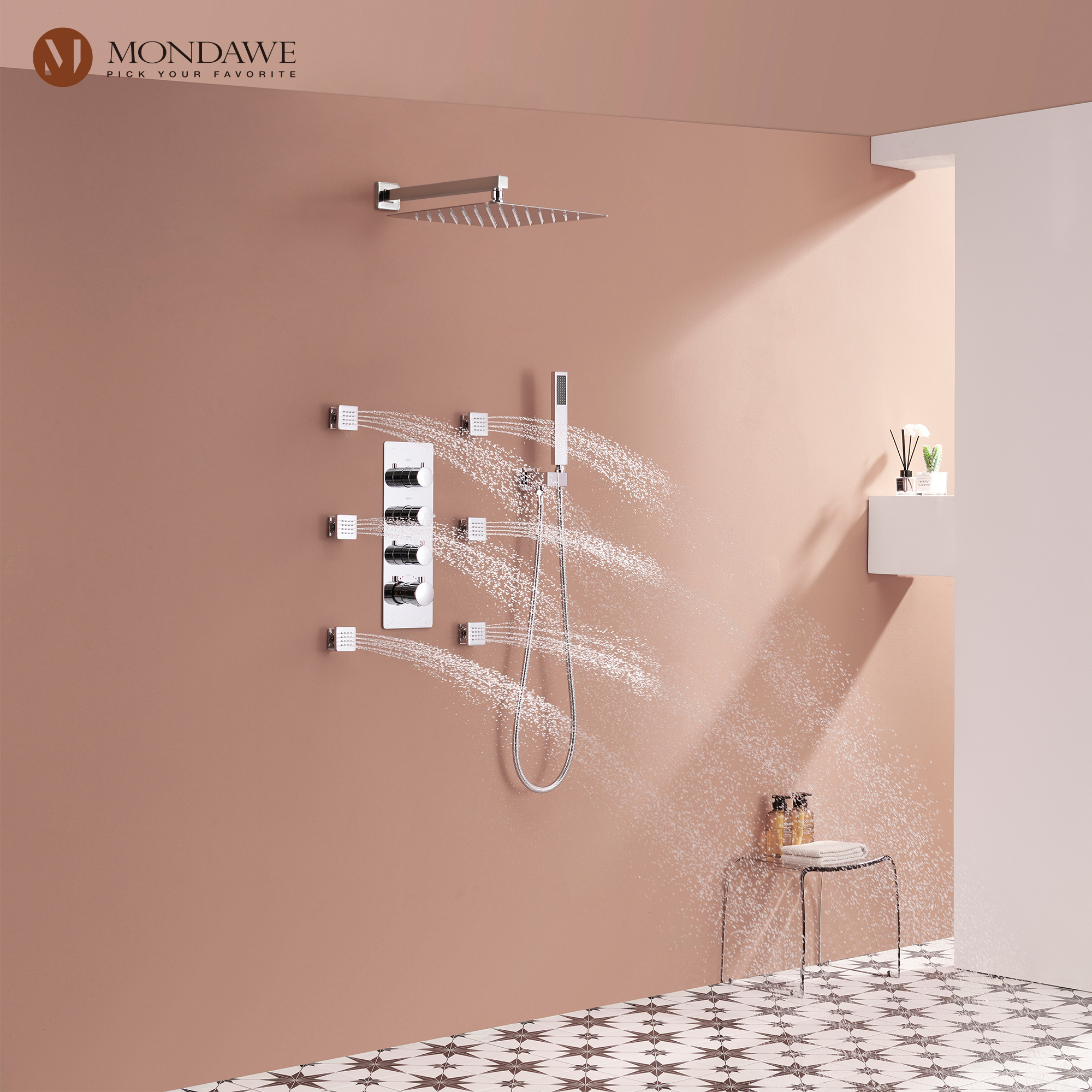 Luxury 3-Spray Patterns Thermostatic 12 in. Wall Mount Rainfall Dual Shower Heads with 6-Body Spray-Mondawe