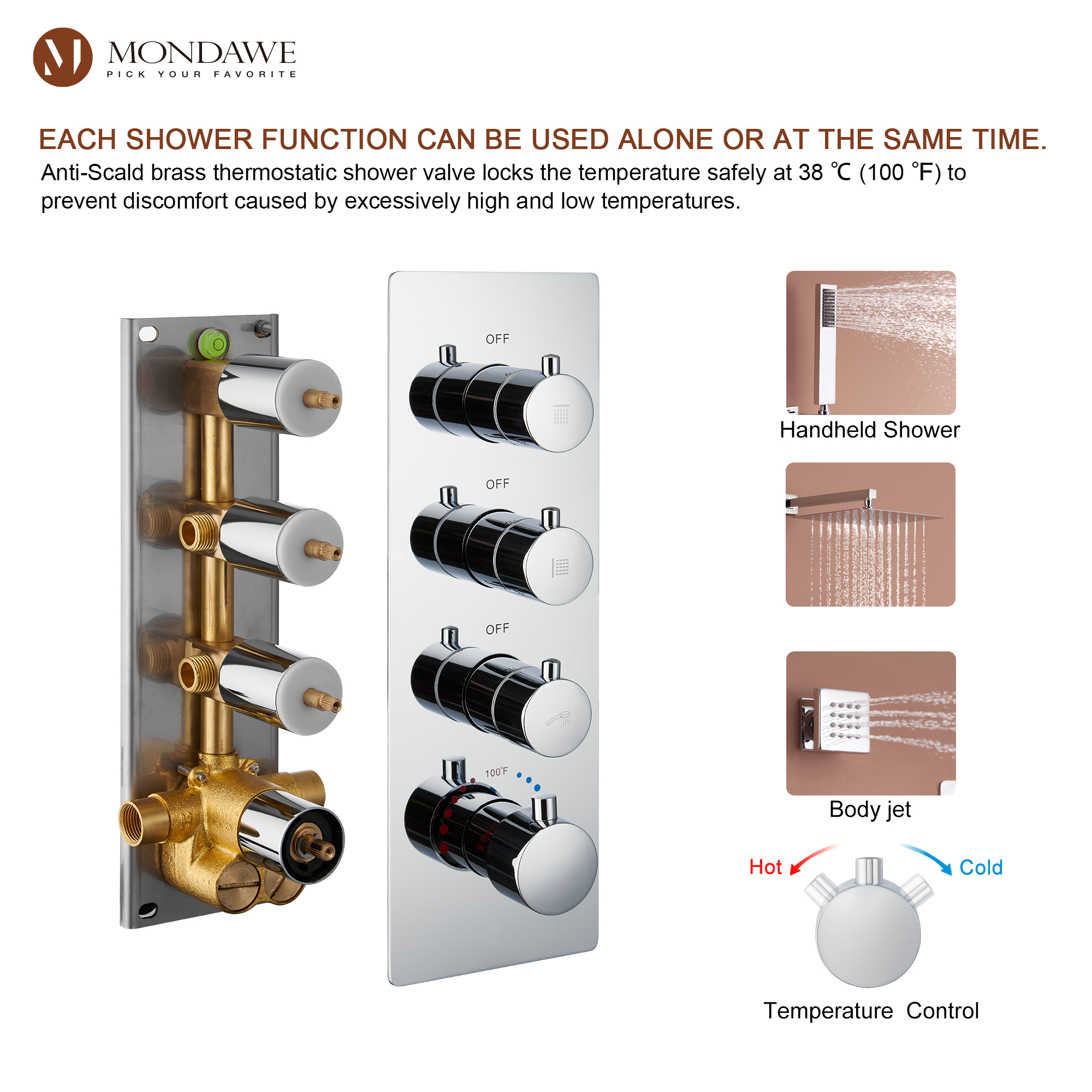 Luxury 3-Spray Patterns Thermostatic 12 in. Wall Mount Rainfall Dual Shower Heads with 6-Body Spray-Mondawe
