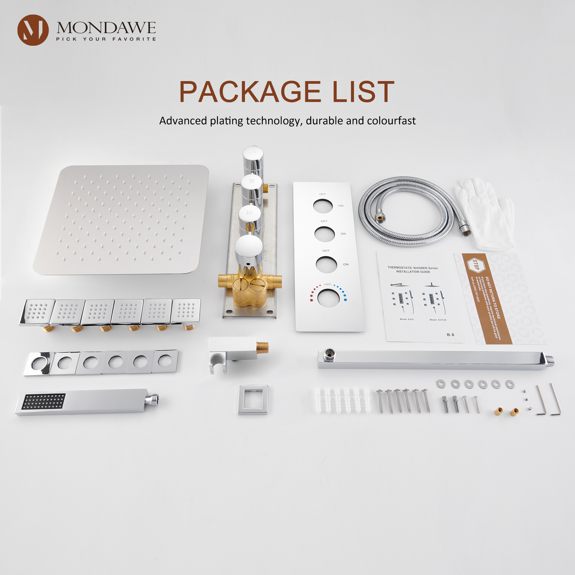 Luxury 3-Spray Patterns Thermostatic 12 in. Wall Mount Rainfall Dual Shower Heads with 6-Body Spray-Mondawe