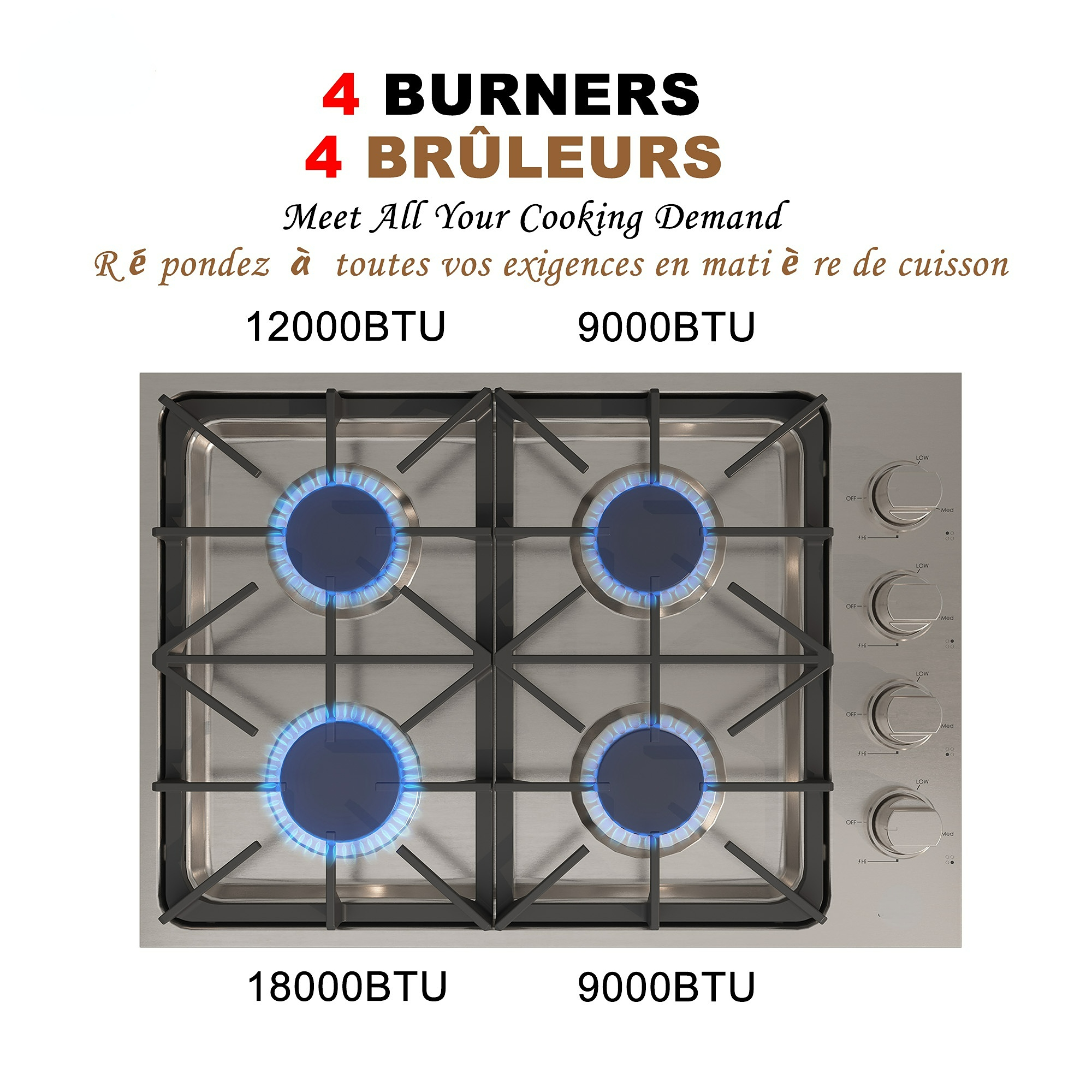 Built-in 30 in. Gas Cooktop in Stainless Steel with 4 Burners and LP Conversion Kit, CSA Certified