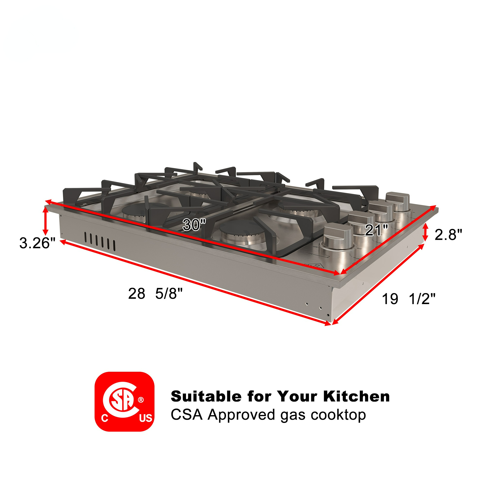 Built-in 30 in. Gas Cooktop in Stainless Steel with 4 Burners and LP Conversion Kit, CSA Certified