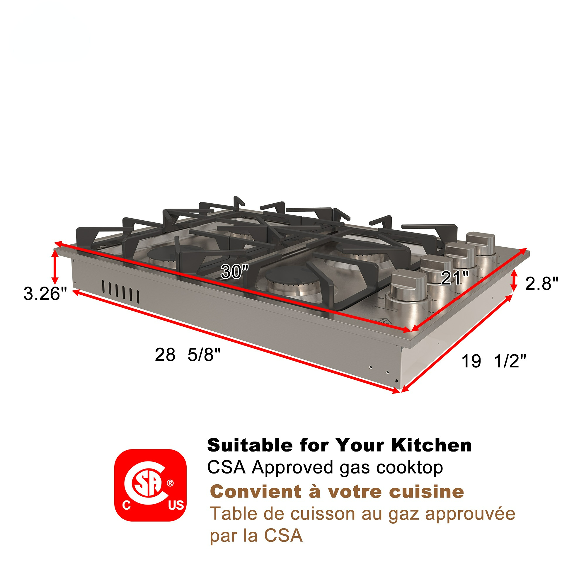 Built-in 30 in. Gas Cooktop in Stainless Steel with 4 Burners and LP Conversion Kit, CSA Certified