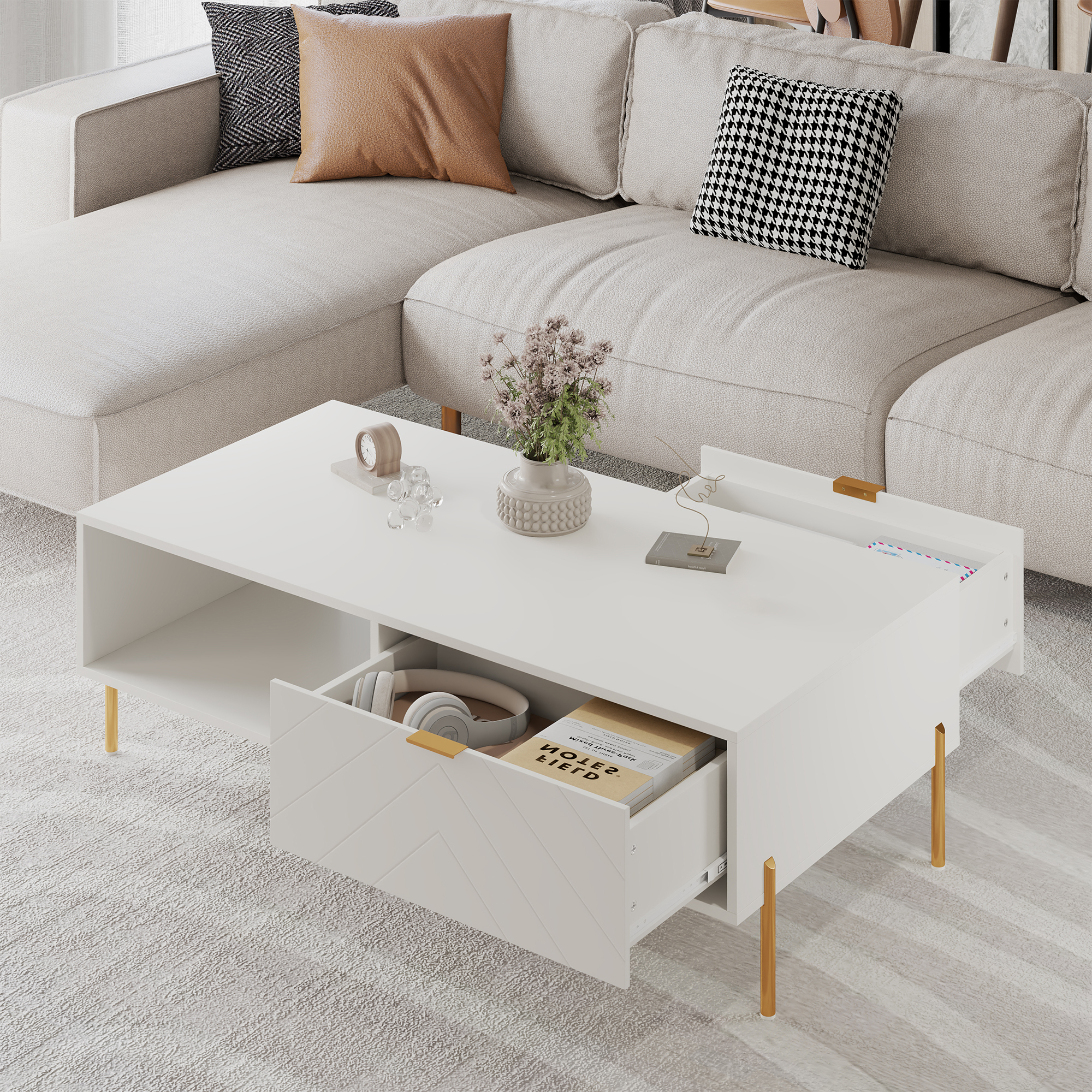 Mid-Century Modern Coffee Table, 48" Rectangle Coffee Table with Double Drawers, Gold Metal Decor, Center Table for Living Room,White