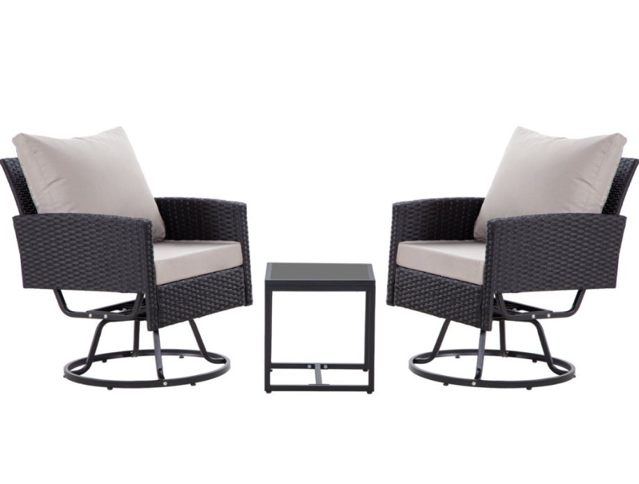 3-Piece Outdoor Swivel Chair Patio Set – 360° PE Rattan Chairs with Cushions & Glass Coffee Table, Gray/Beige/Blue/Dark Gray/Brown