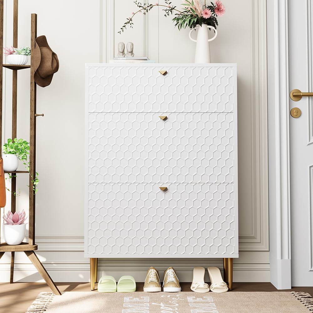 3 Flip Drawers Free Standing Shoe Racks,Modern Shoes Cabinet with Brass Knobs And Legs, 24 Pair for Entryway,Bedroom