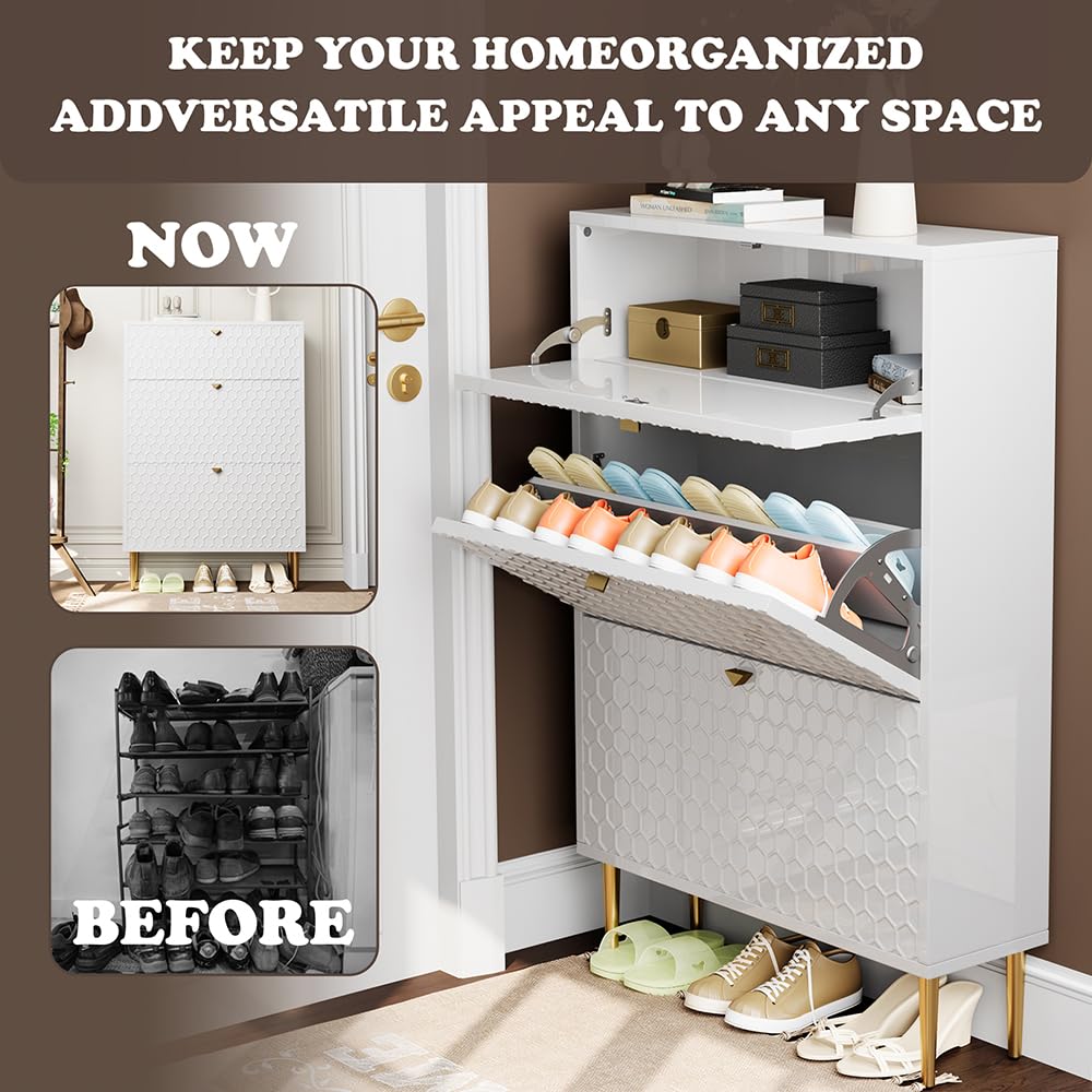 3 Flip Drawers Free Standing Shoe Racks,Modern Shoes Cabinet with Brass Knobs And Legs, 24 Pair for Entryway,Bedroom