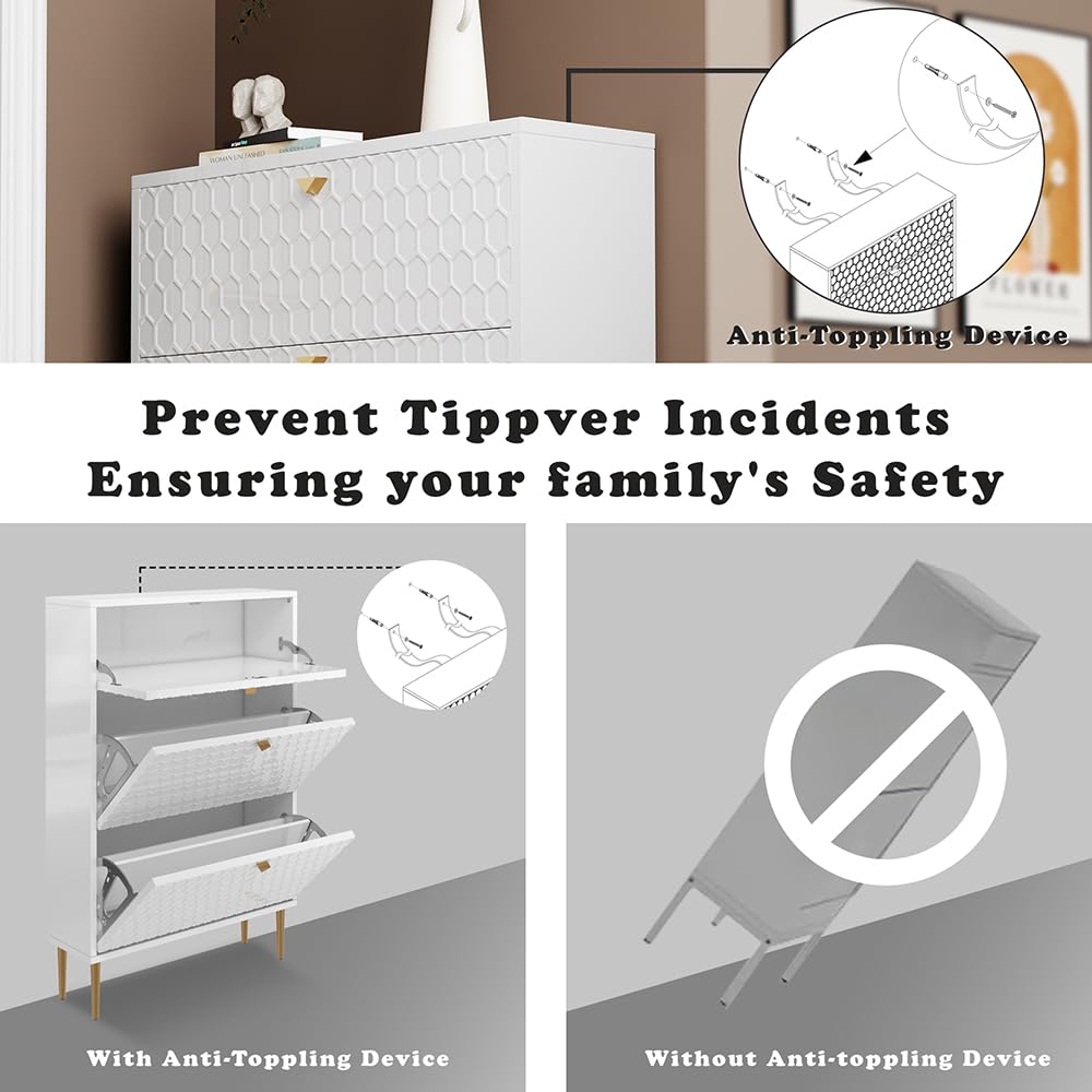 3 Flip Drawers Free Standing Shoe Racks,Modern Shoes Cabinet with Brass Knobs And Legs, 24 Pair for Entryway,Bedroom