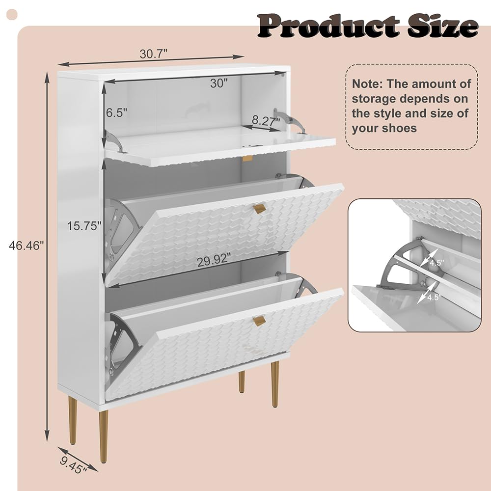 3 Flip Drawers Free Standing Shoe Racks,Modern Shoes Cabinet with Brass Knobs And Legs, 24 Pair for Entryway,Bedroom