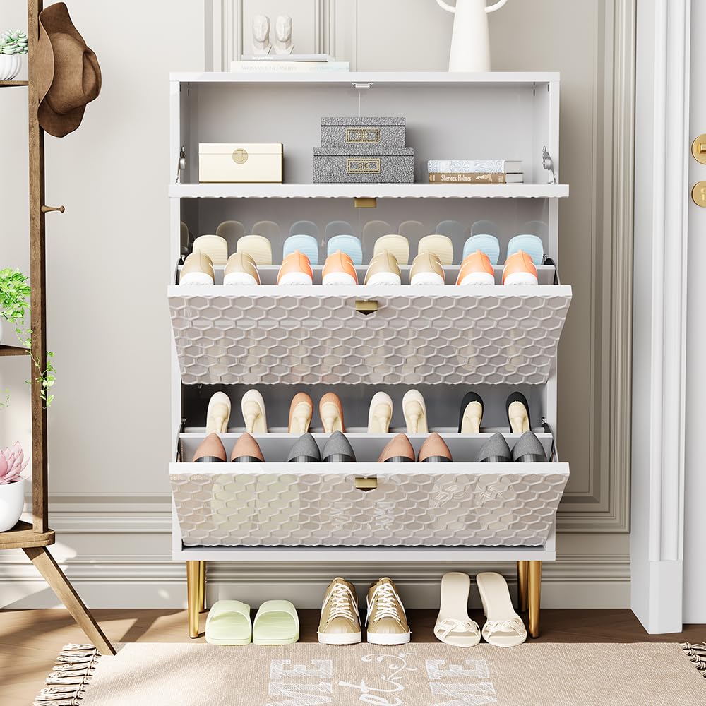 3 Flip Drawers Free Standing Shoe Racks,Modern Shoes Cabinet with Brass Knobs And Legs, 24 Pair for Entryway,Bedroom