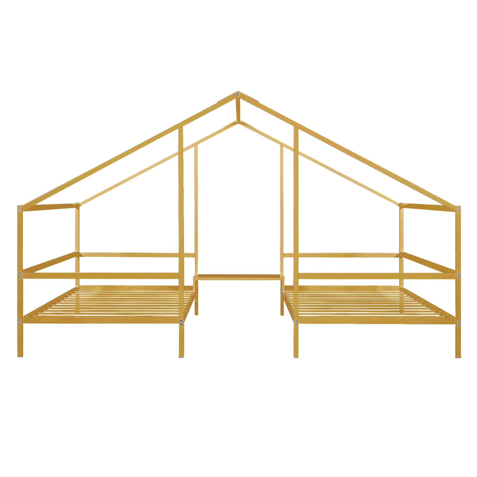 Metal Double Twin Size Triangular House Beds with Built-in Table, Gold/White