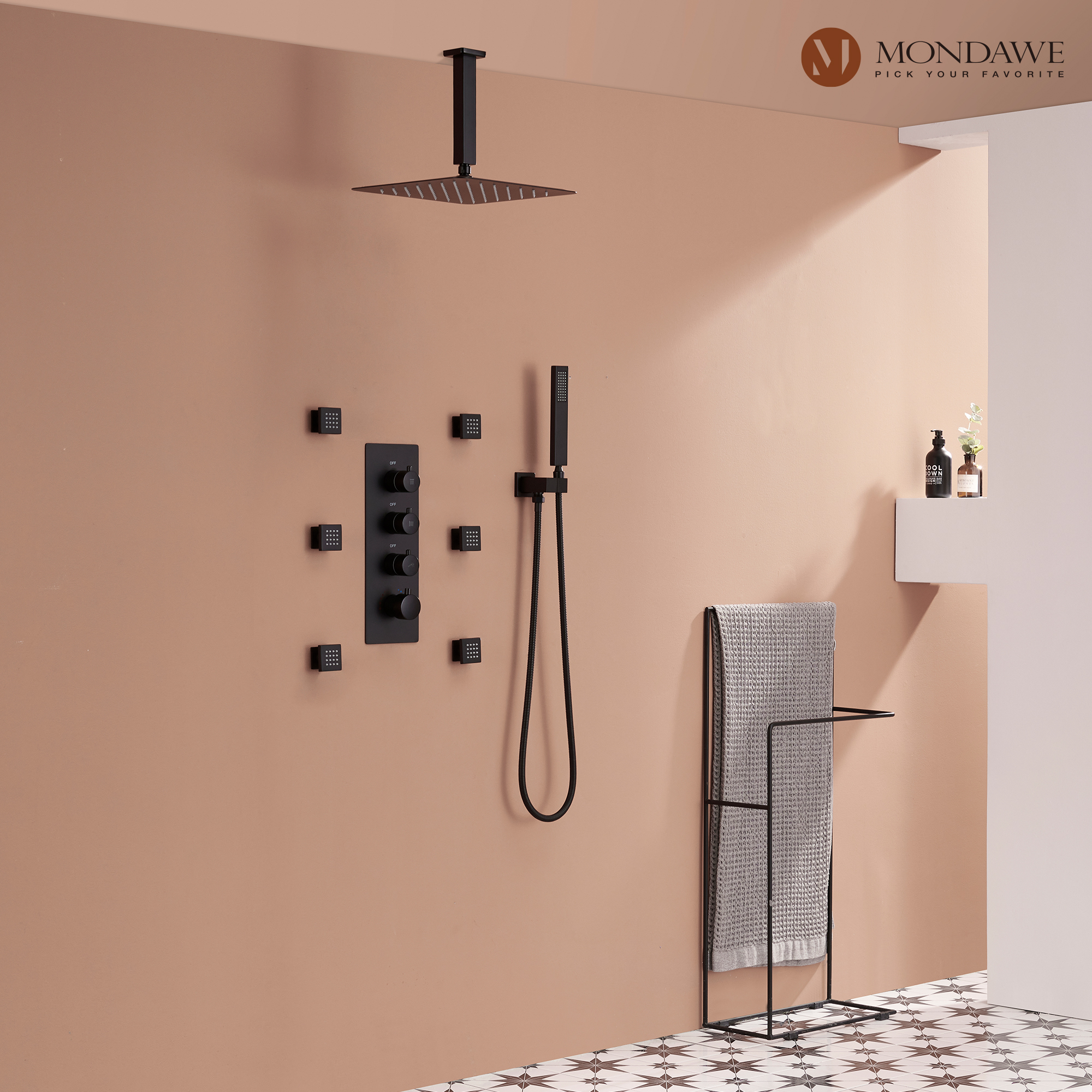 Mondawe Ceiling Mount Thermostatic Rainfall Shower System Set with Hand Held Shower Head and 6 Body Jets-Mondawe