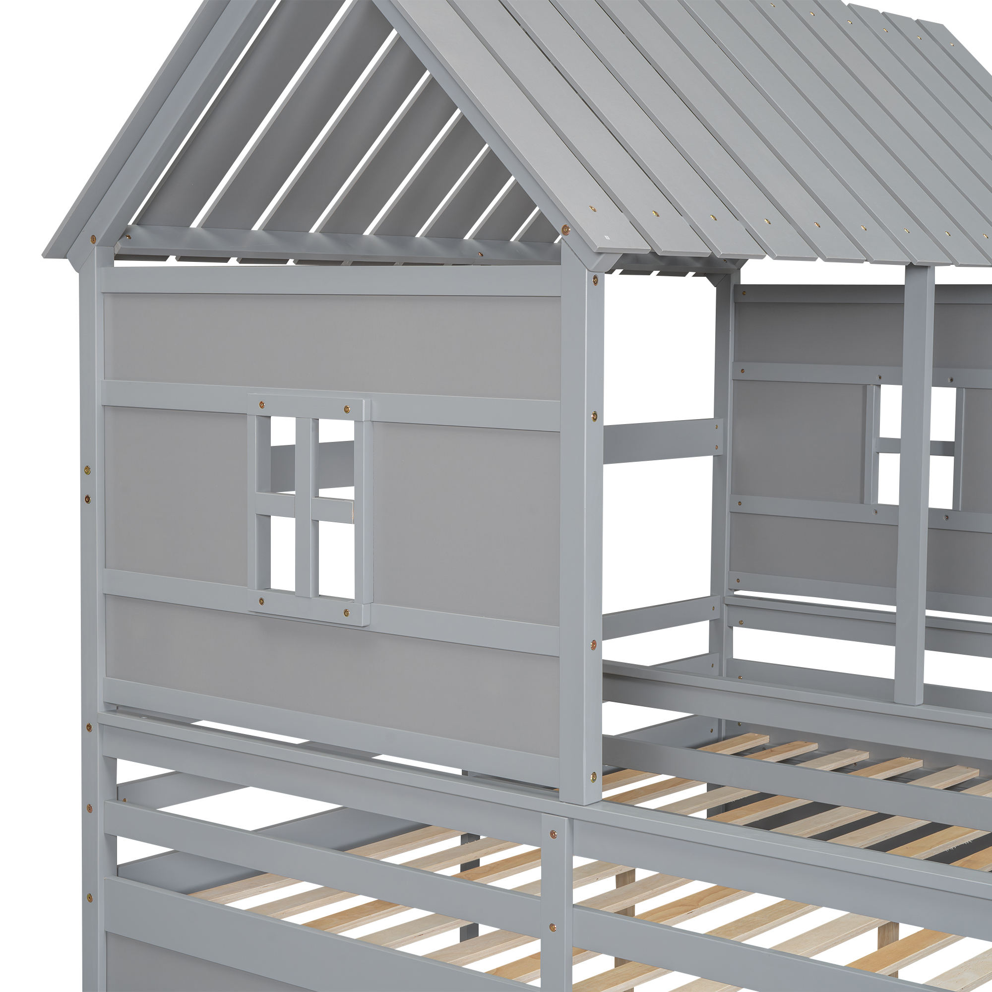 Twin Size House Platform Beds with Two Drawers for Boy and Girl Shared Beds, Combination of 2 Side by Side Twin Size Beds, Gray/White