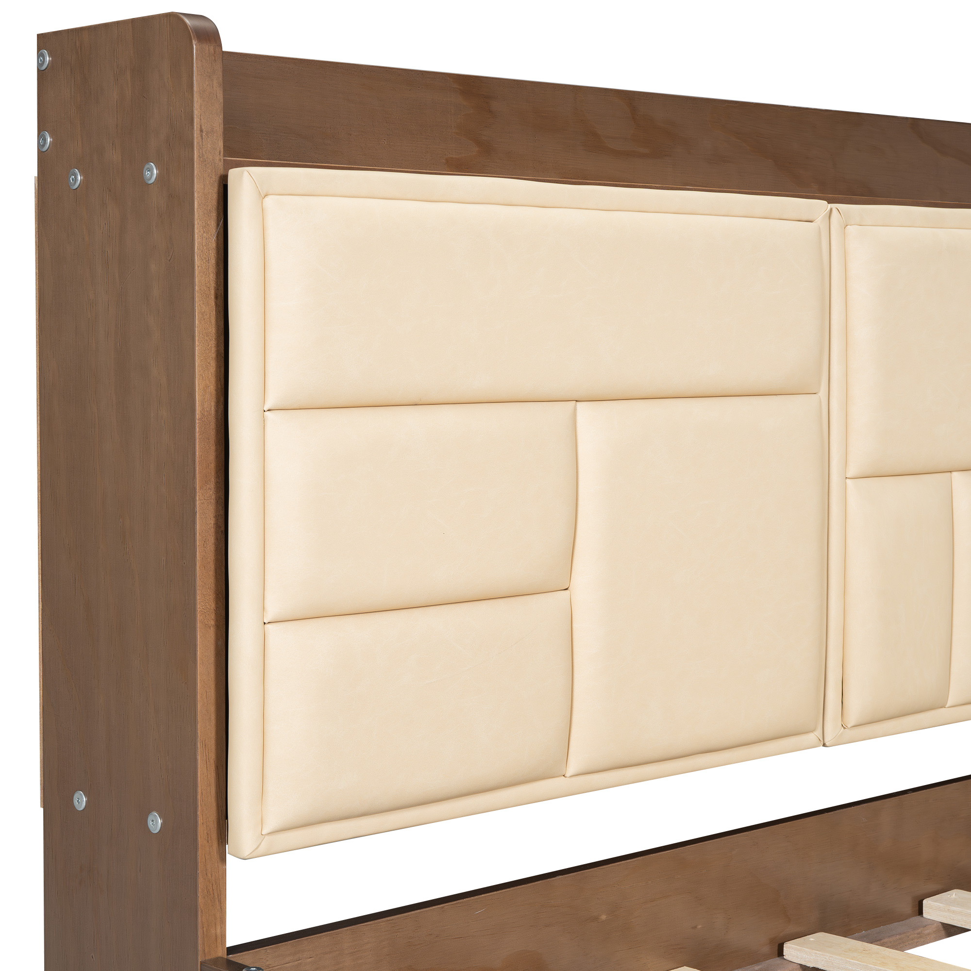 Full/Twin Size Wood Daybed with Upholstered Storage Shelves, USB Ports and 2 Drawers, Wood Color 