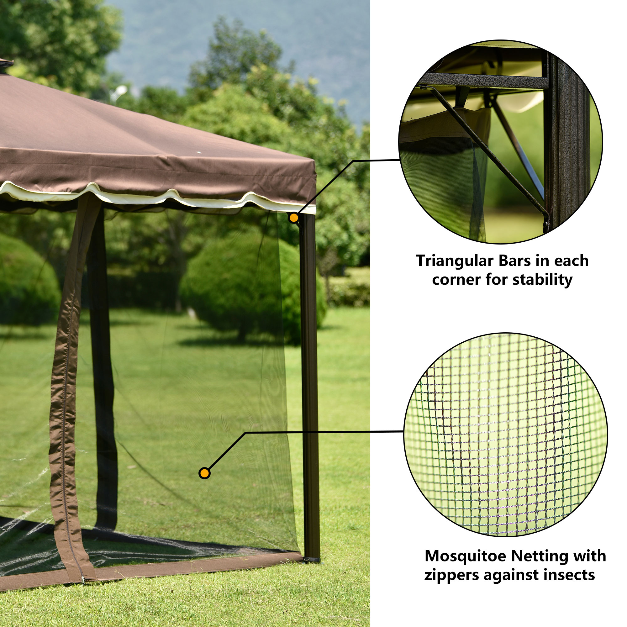 Mondawe 9.8Ft. Wx9.8Ft.L Outdoor Iron Vented Dome Top Patio Gazebo with Netting for Backyard Poolside and Deck Brown-Mondawe