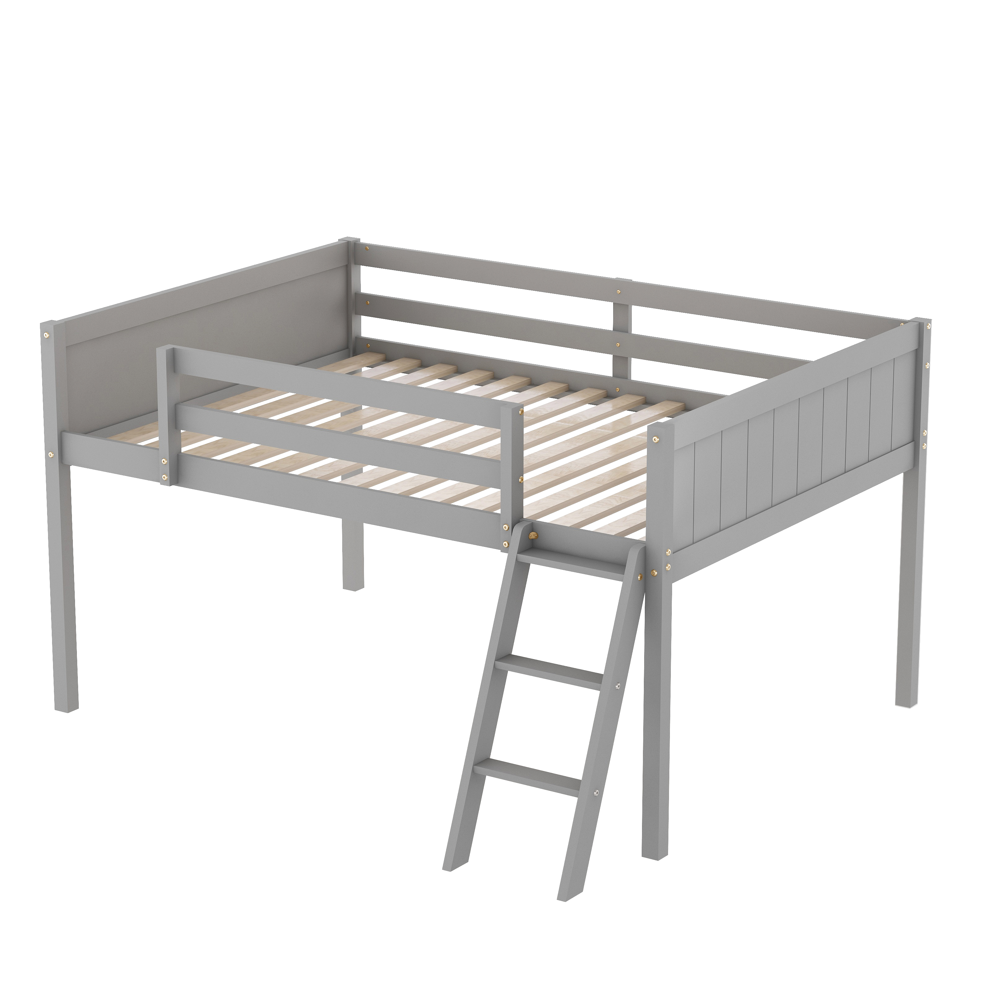 Full Size Wood Low Loft Bed with Ladder, ladder can be placed on the left or right, Gray/White