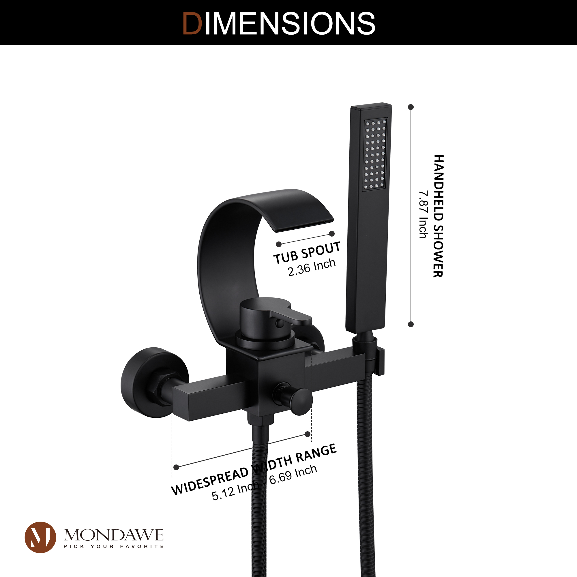 Mondawe Single Handle Shower Tub Kit with Waterfall Tub Spout and Handheld Shower Faucet, Wall Mounted-Mondawe
