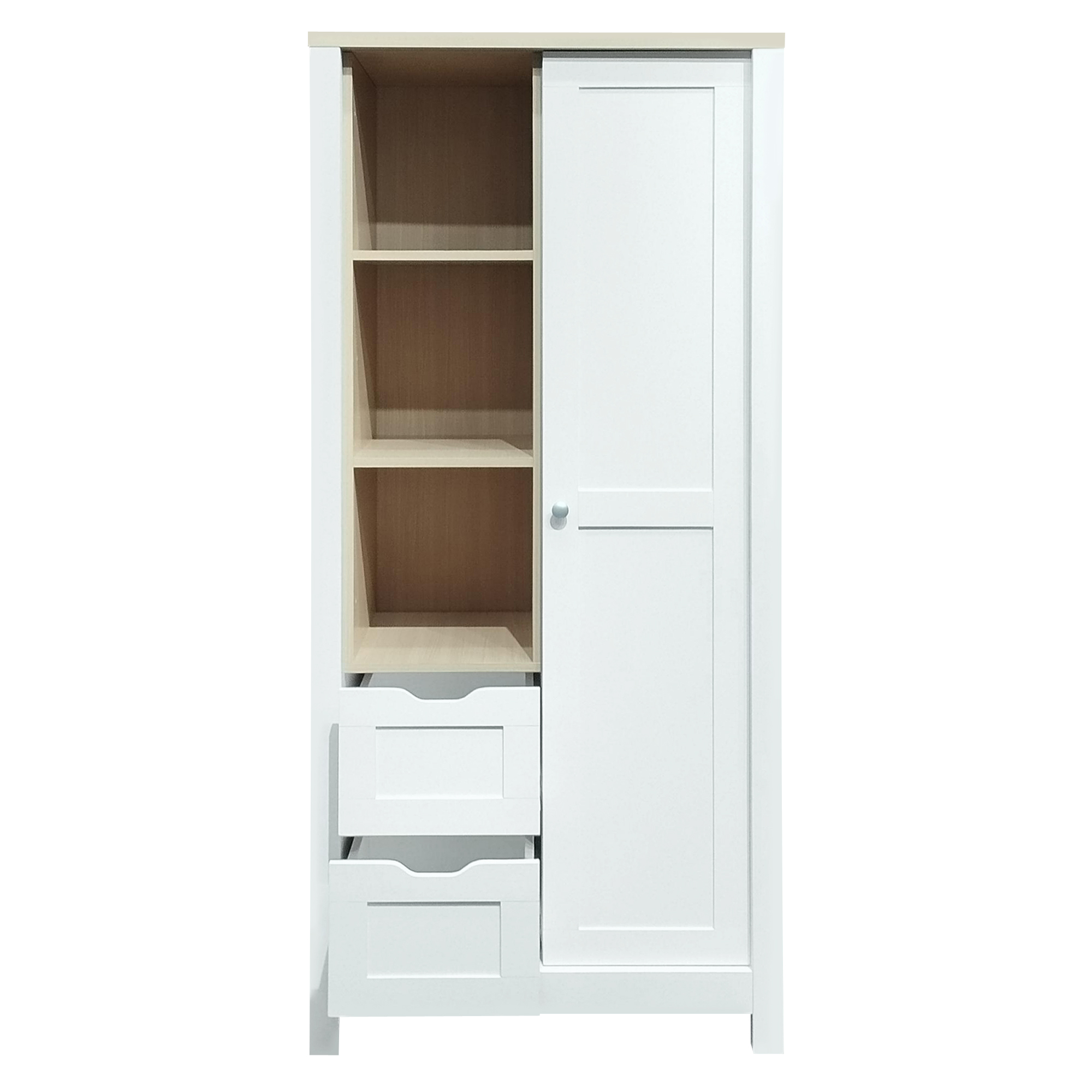 Bedroom Storage Wardrobe with Hanging Rods and 2 Drawers and Open Shelves,Sliding Door,White 
