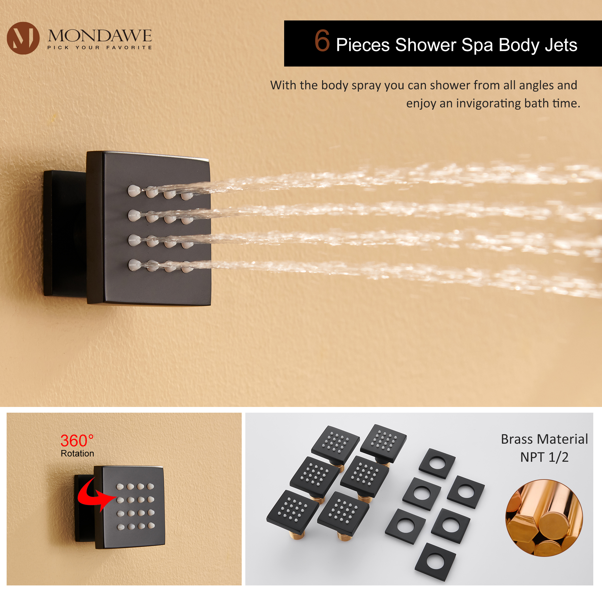 Mondawe Wall Mount Thermostatic Rain Head Shower System with Handheld Shower and Wall Body Jets-Mondawe