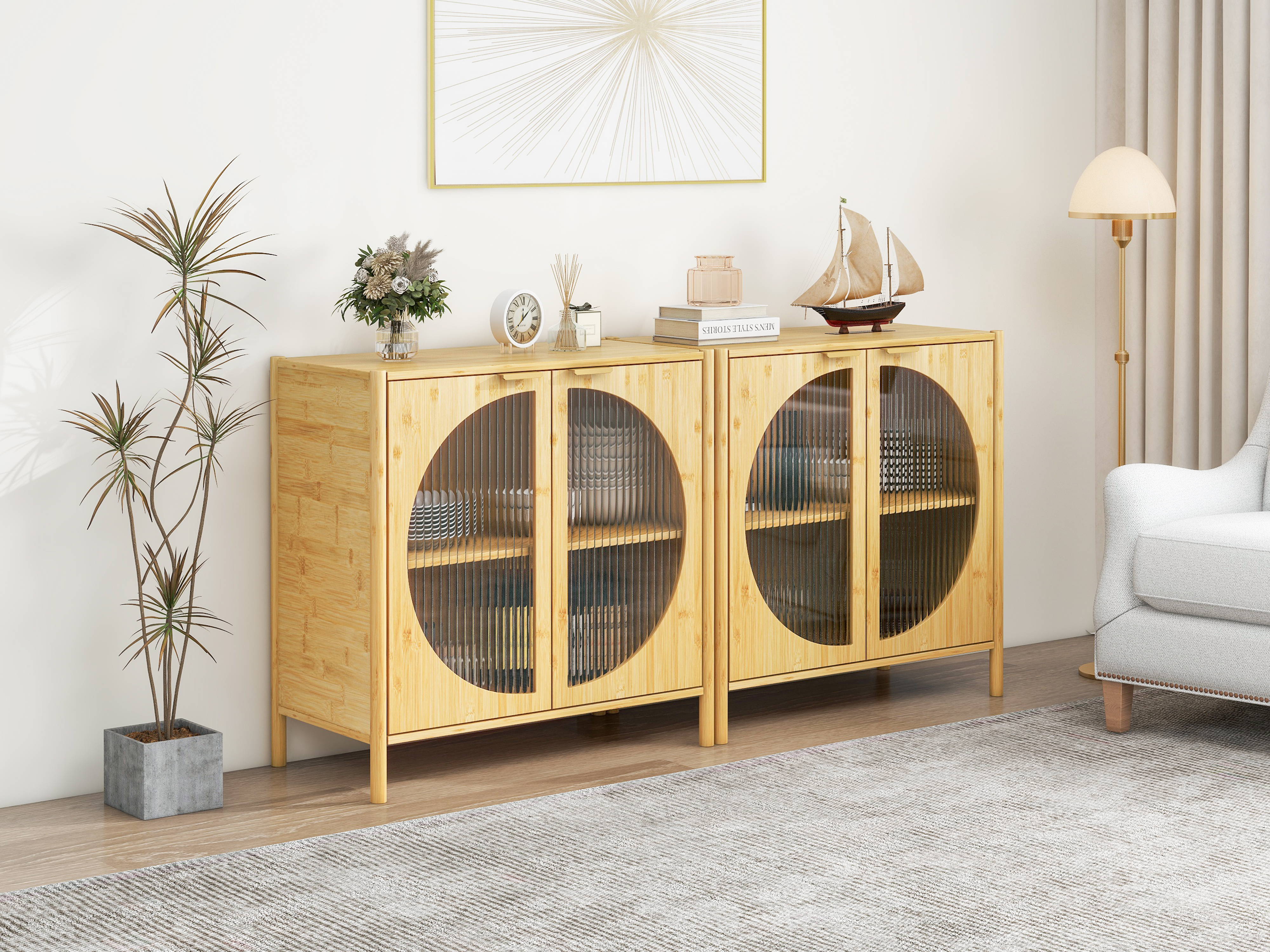 Bamboo 2 door cabinet, Buffet Sideboard Storage Cabinet, Buffet Server Console Table, for Dining Room, Living Room, Kitchen, Hallway 