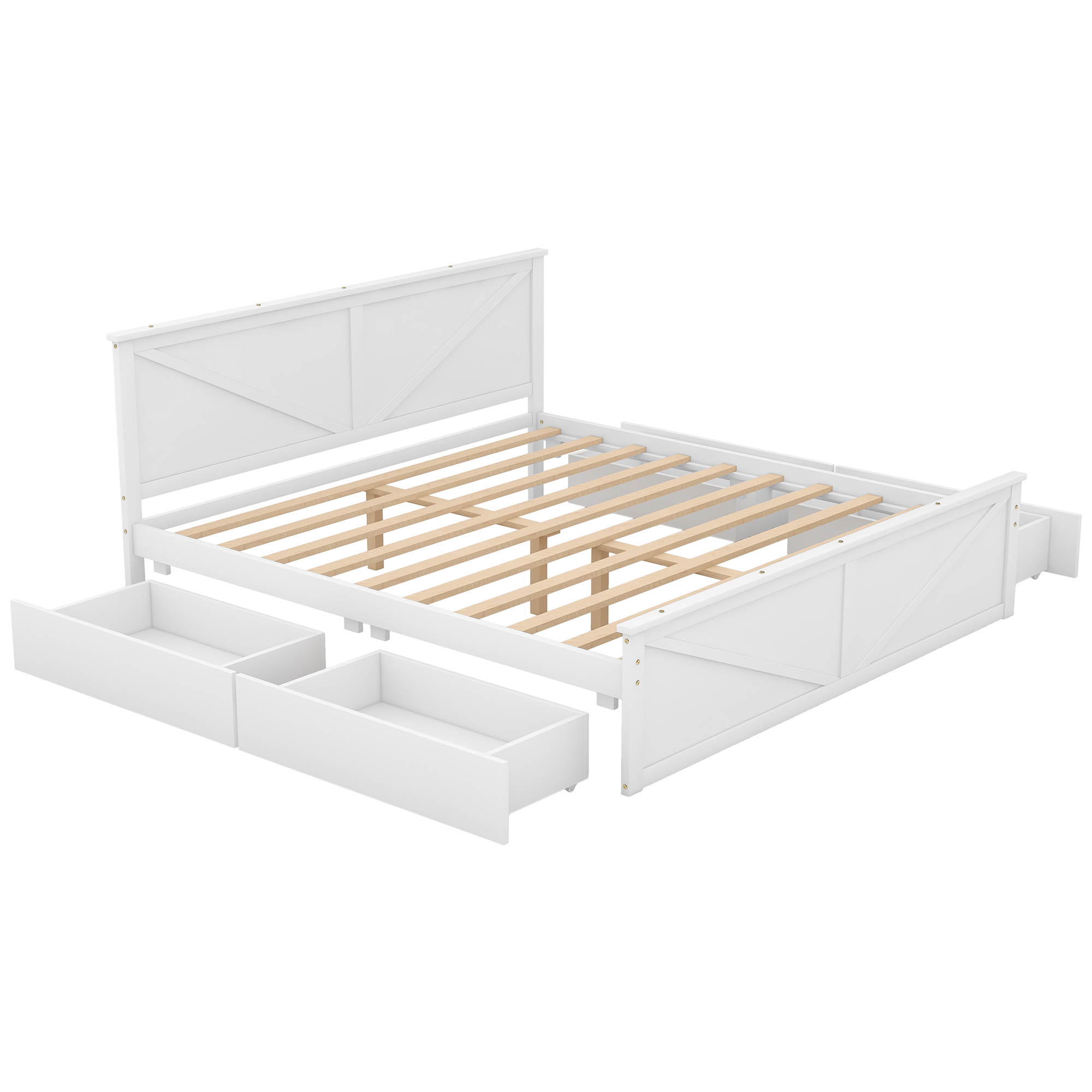 King/Queen Size Wooden Platform Bed with Four Storage Drawers and Support Legs, White/Gray