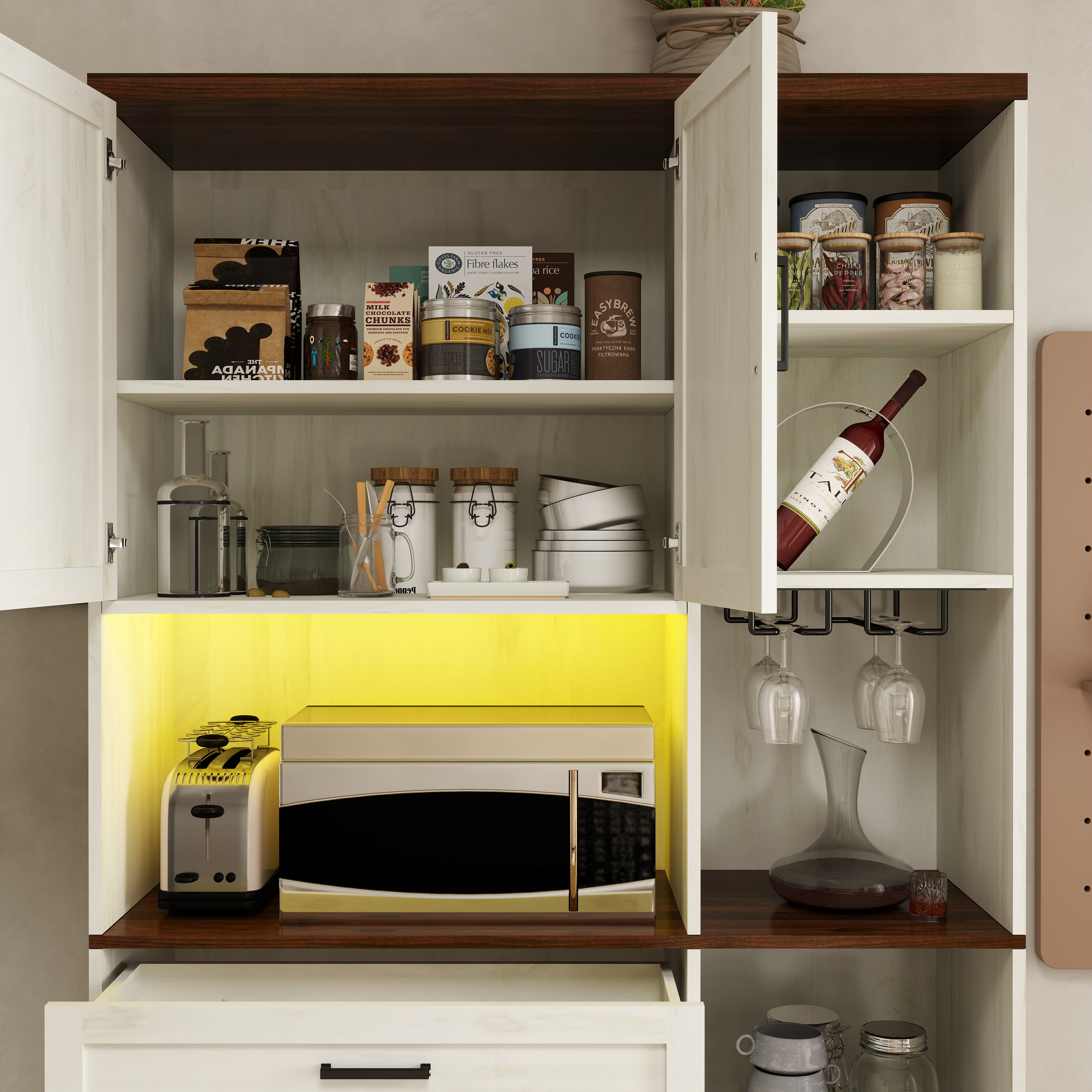 70.87'' Multifunctional Farmhouse Kitchen Pantry Sideboard with Cabinet and Drawer, Kitchen Buffet with Hutch and Glass Holder, Microwave Stand with Charging Station for Kitchen and Dining Room 