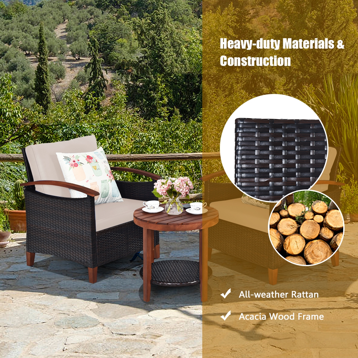 Mondawe 3 Pcs Solid Wood Frame Patio Rattan Furniture Set-Beige-Mondawe