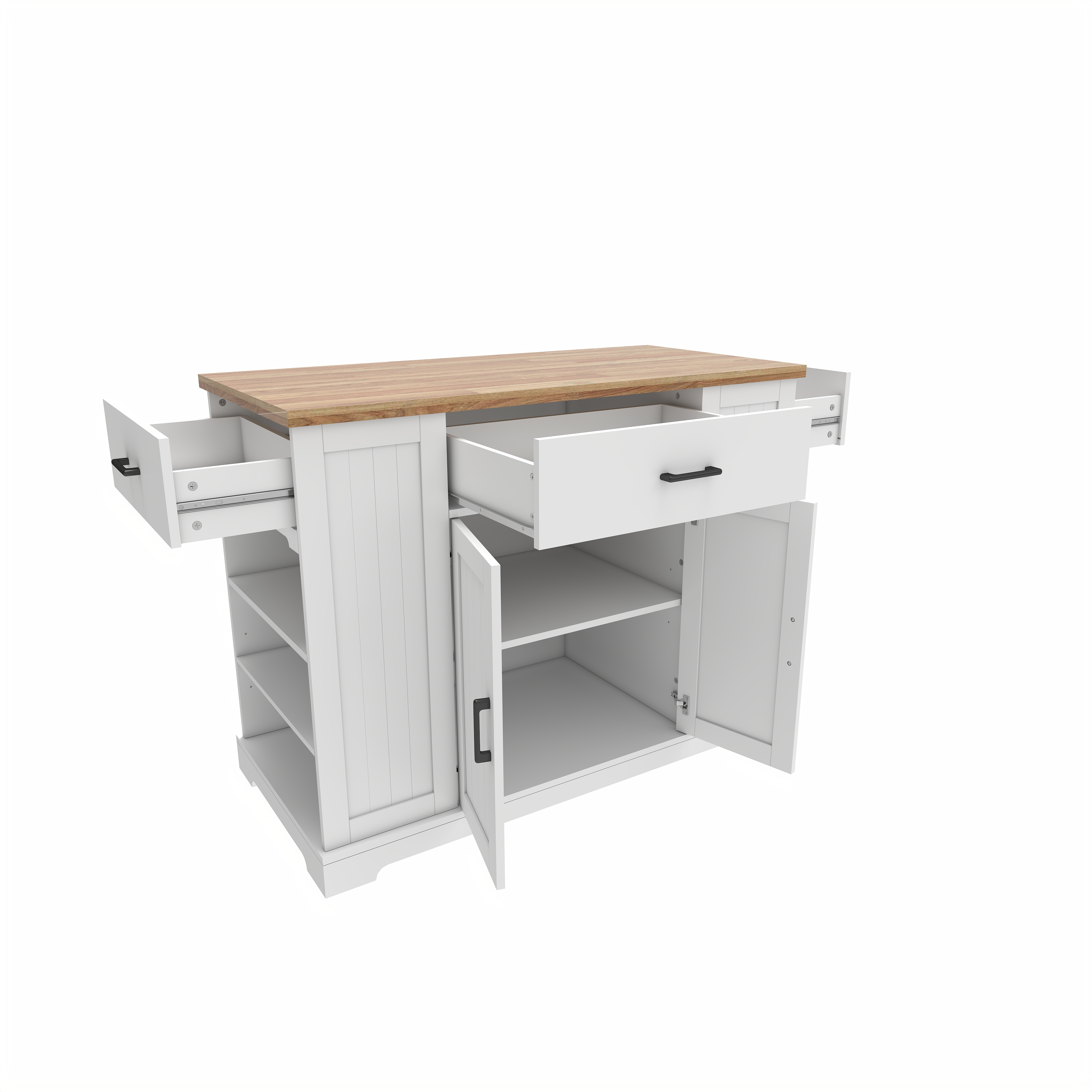 46.2'' Multi-Storage Kitchen Island with Rubber Wood Tabletop, Large Farmhouse Kitchen Cart with Adjustable Shelves and Drawers, Dinning Table Bar with Storage Cabinet for Kitchen 
