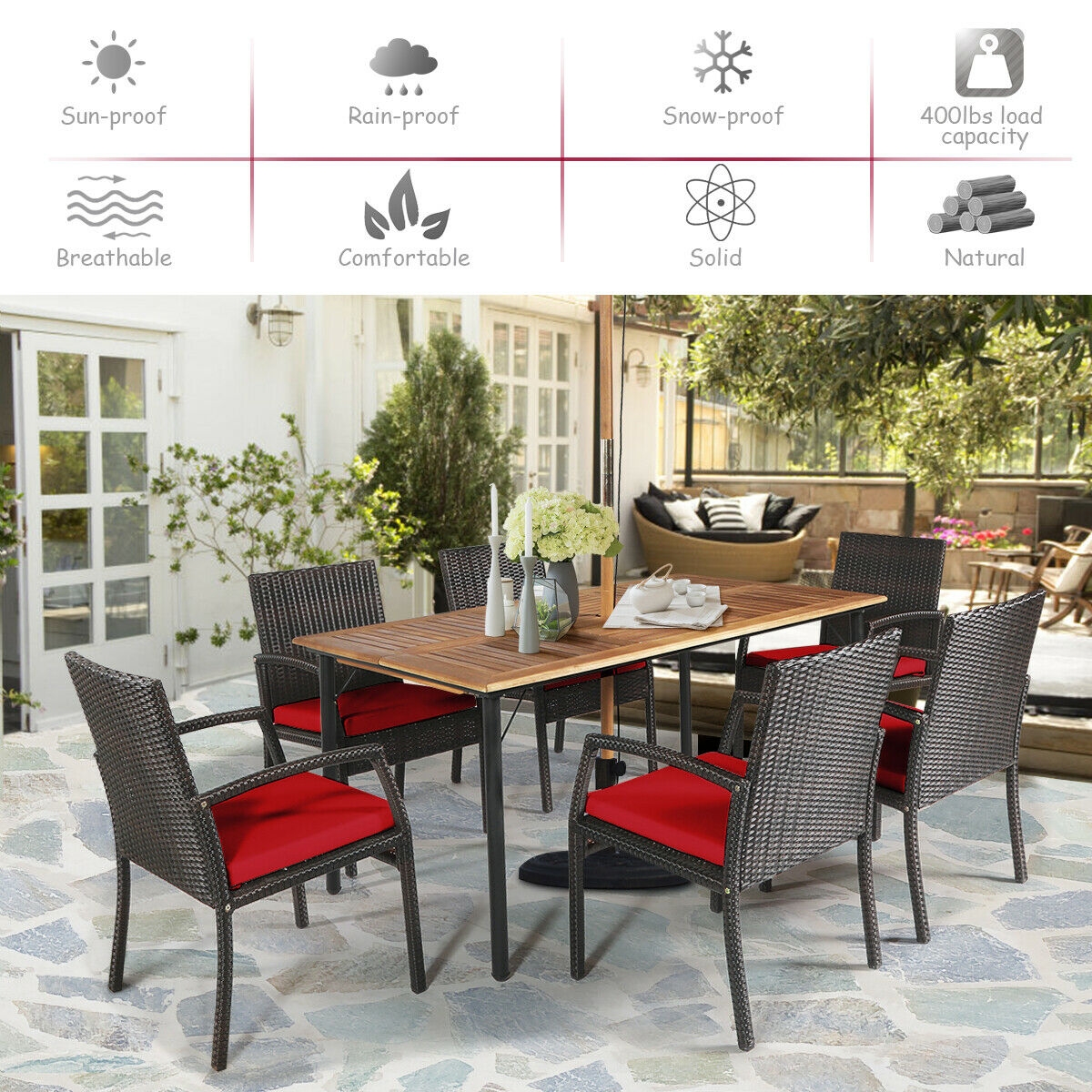 Mondawe 7Pcs Patio Rattan Cushioned Dining Set with Umbrella Hole-Red-Mondawe
