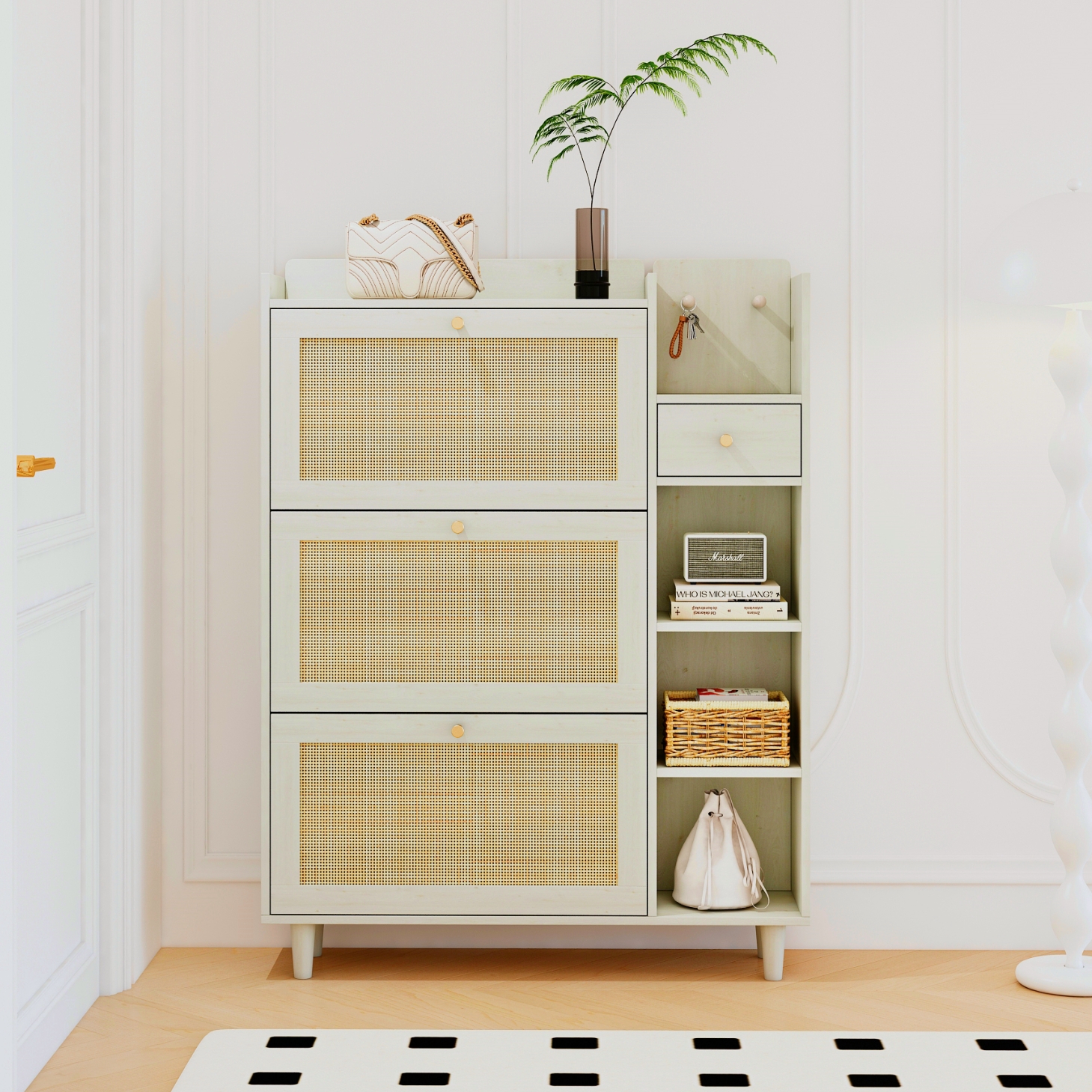 Bohemia Style Shoe Cabinet, Shoe Rack Cabinet with 3 Rattan Flip Drawers,3 Square Shelves and 1 Storage Drawer, Shoe Organizer with Mulit Storage Space and Hooks for Hallway, Entryway, (Natural/Antique white) 