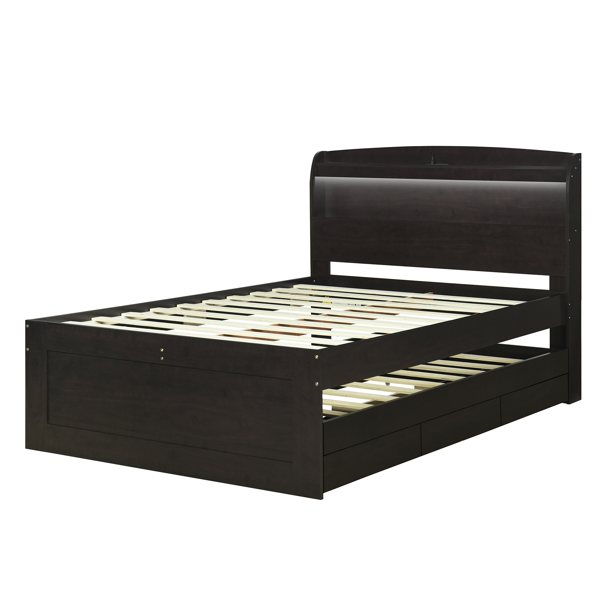 Full XL Size Platform Bed with Storage LED Headboard, Charging Station, Twin Size Trundle and 2 Drawers, Gray/Dark Brown