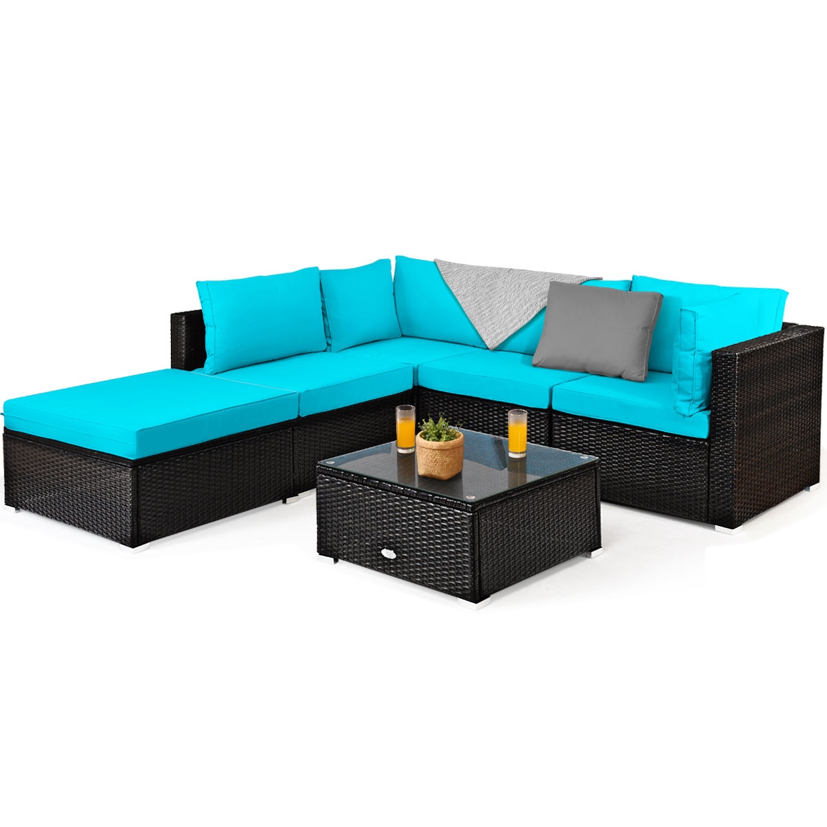Mondawe 6 Pieces Outdoor Patio Rattan Furniture Set Sofa Ottoman-Turquoise-Mondawe