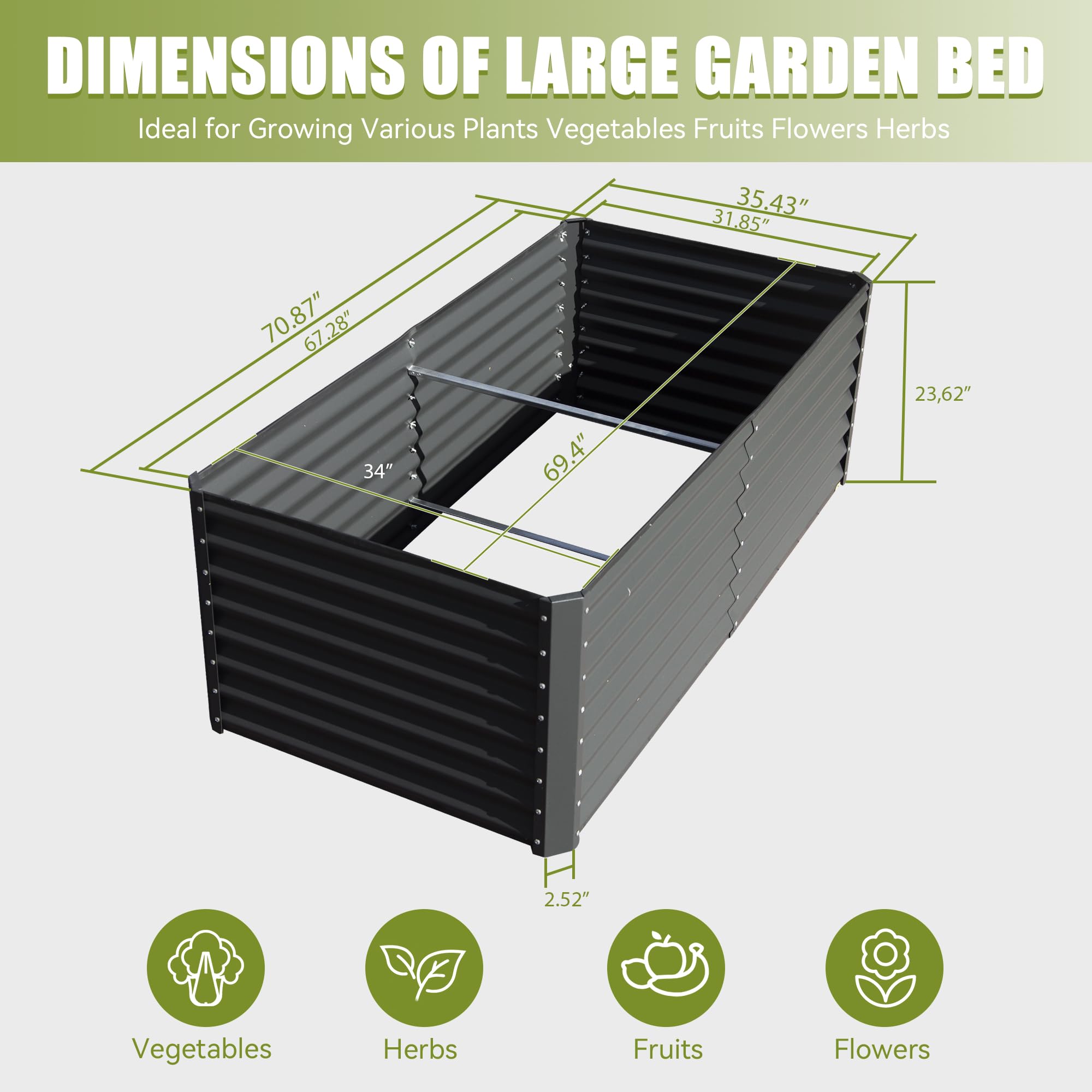 6x3x2ft Galvanized Raised Garden Bed, Outdoor Planter Garden Boxes Large Metal Planter Box for Gardening Vegetables Fruits Flowers, Silver/Green/Gray