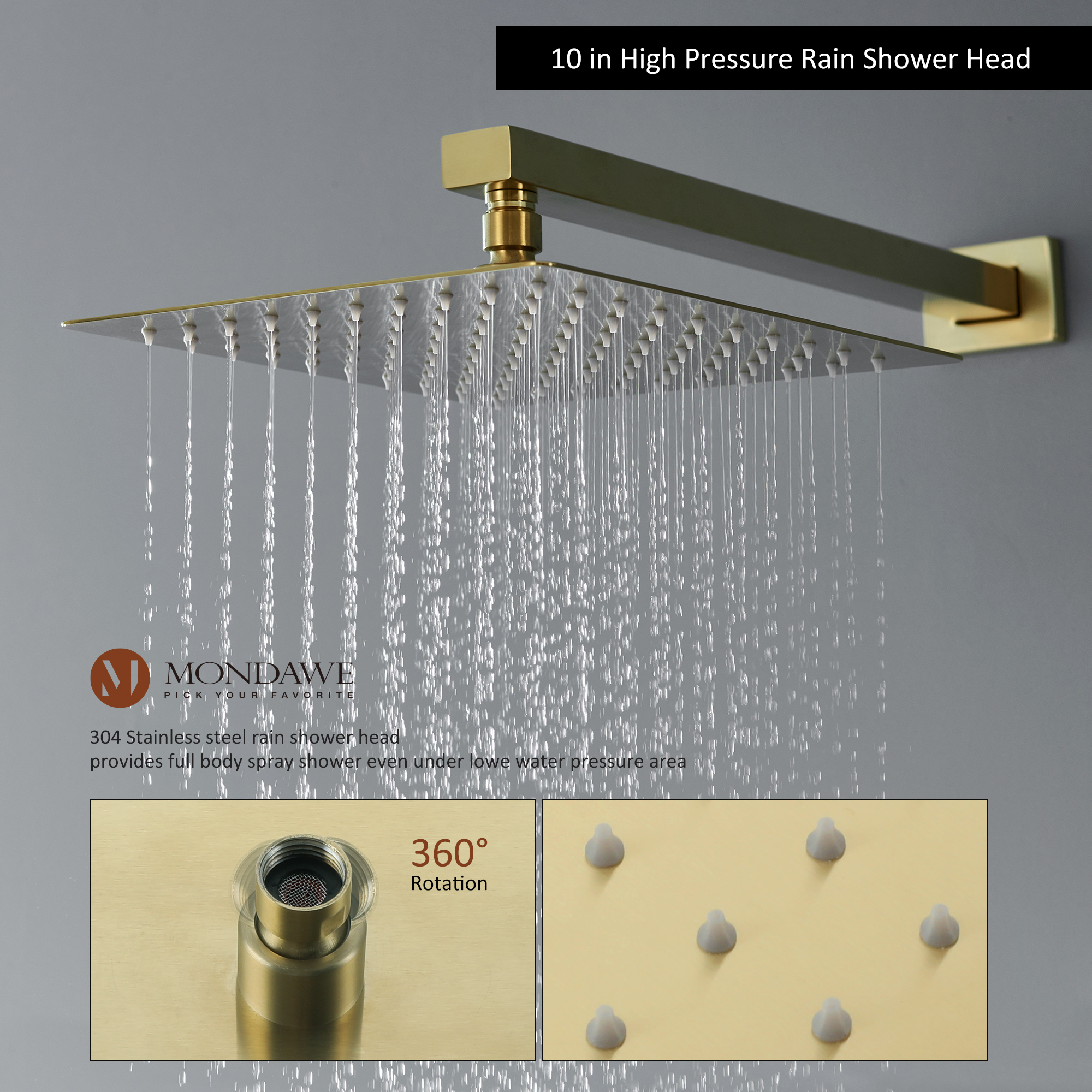 Mondawe Three function Pressure Balance Shower Set with 10 in Shower Head(5 color, Valve Included)-Mondawe