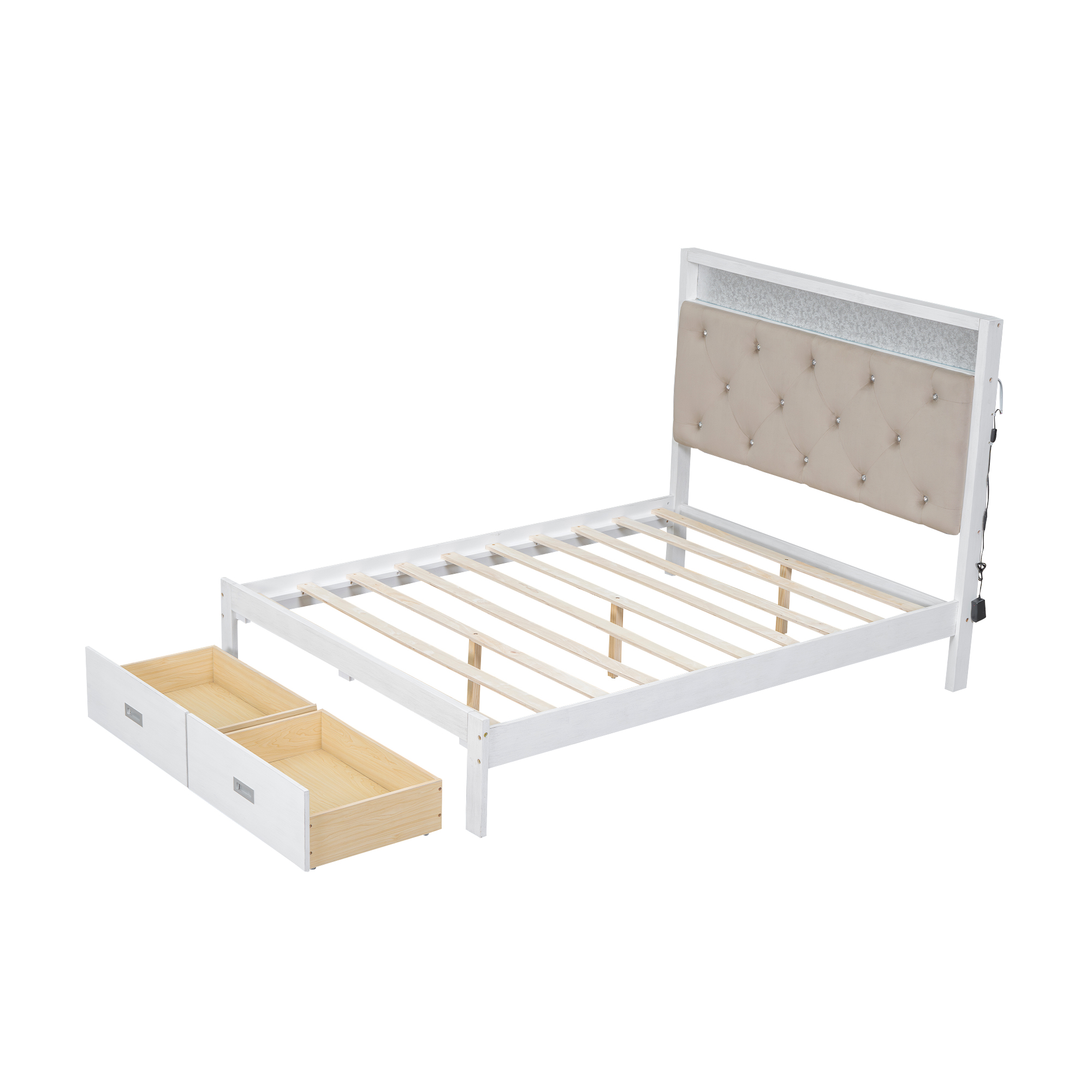 Wood Queen/Full Size Platform Bed with Upholstered Headboard and LED and 2 Drawers, Antique White 