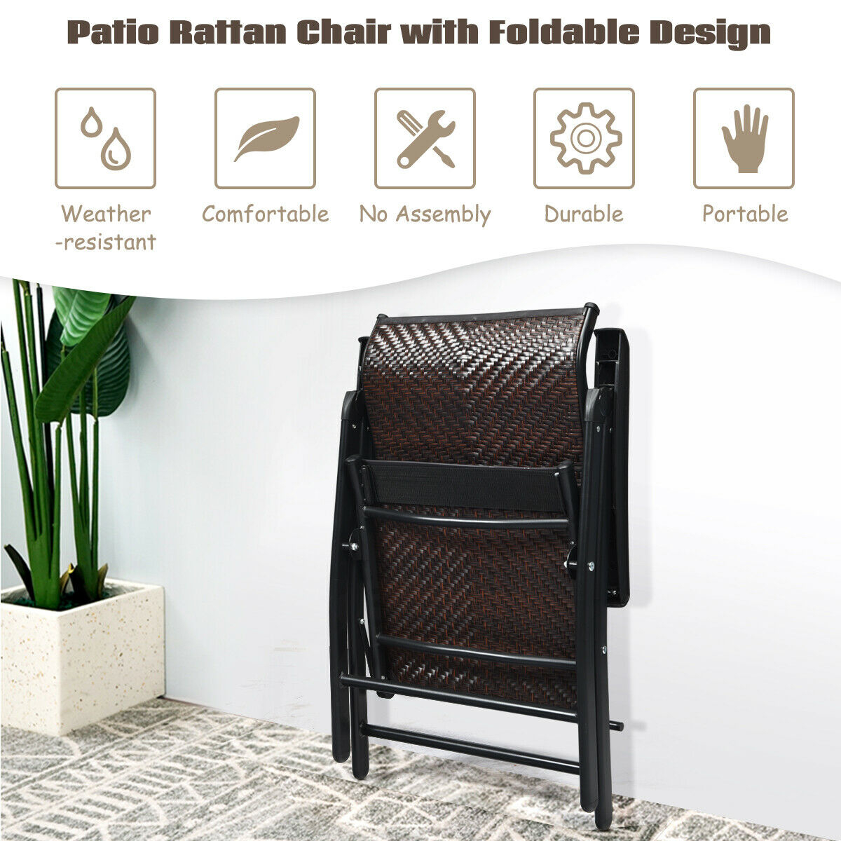 Mondawe Patio Rattan Folding Chair with Armrest-Mondawe