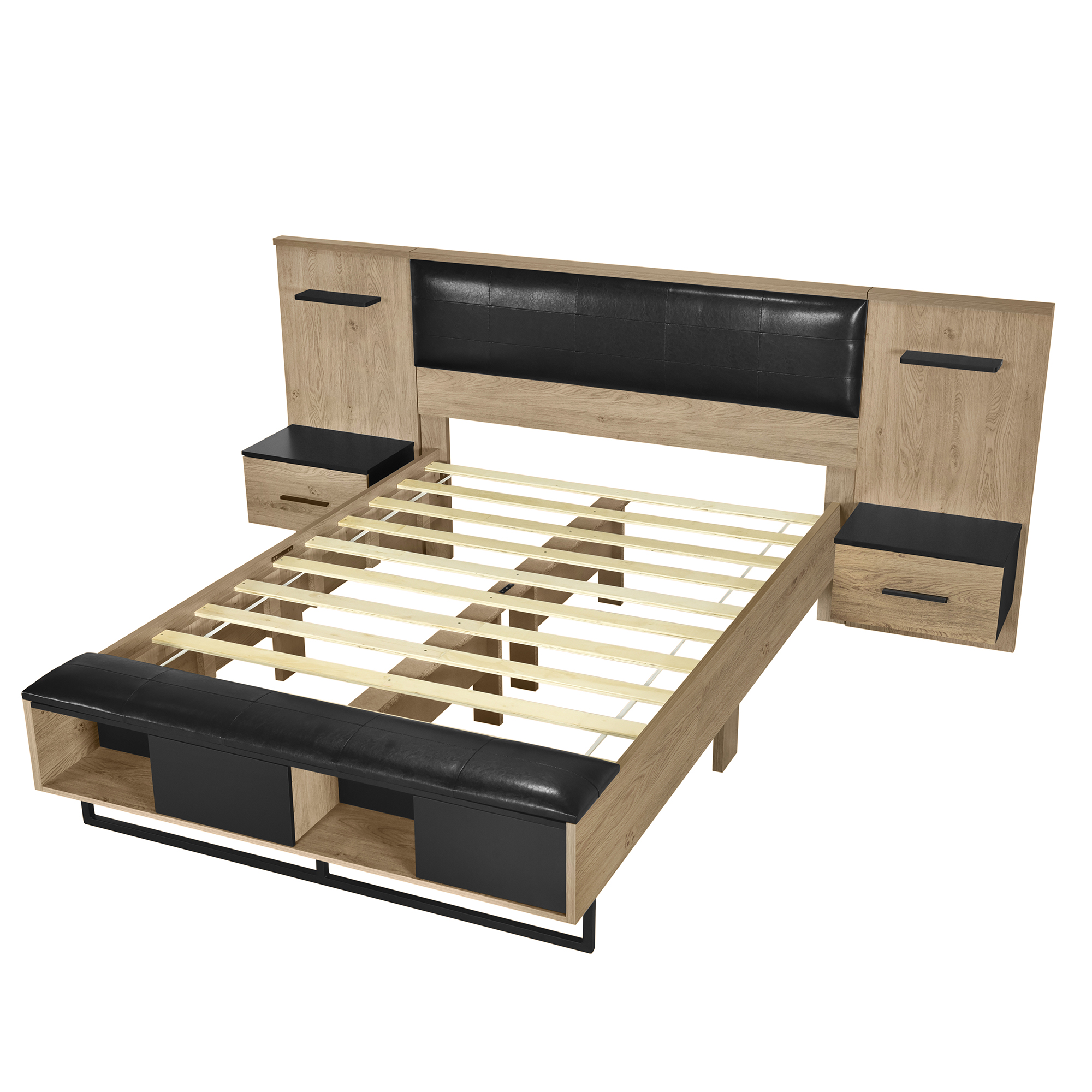 Queen Size Wood Platform Bed with Upholstered Headboard, Lights and Storage Nightstand, Bench, Walnut 