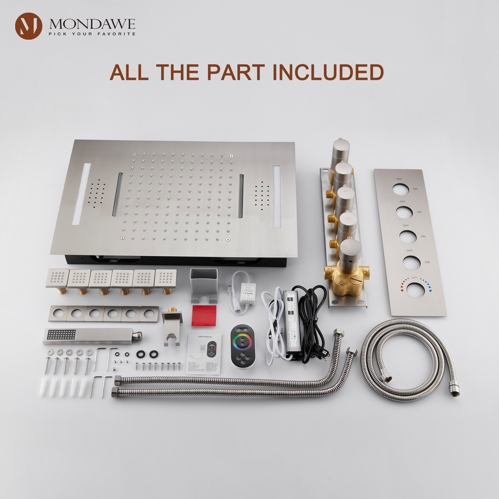 BN-Mondawe Luxury 4-Way Thermostatic Shower System with LED and Music Player-Mondawe