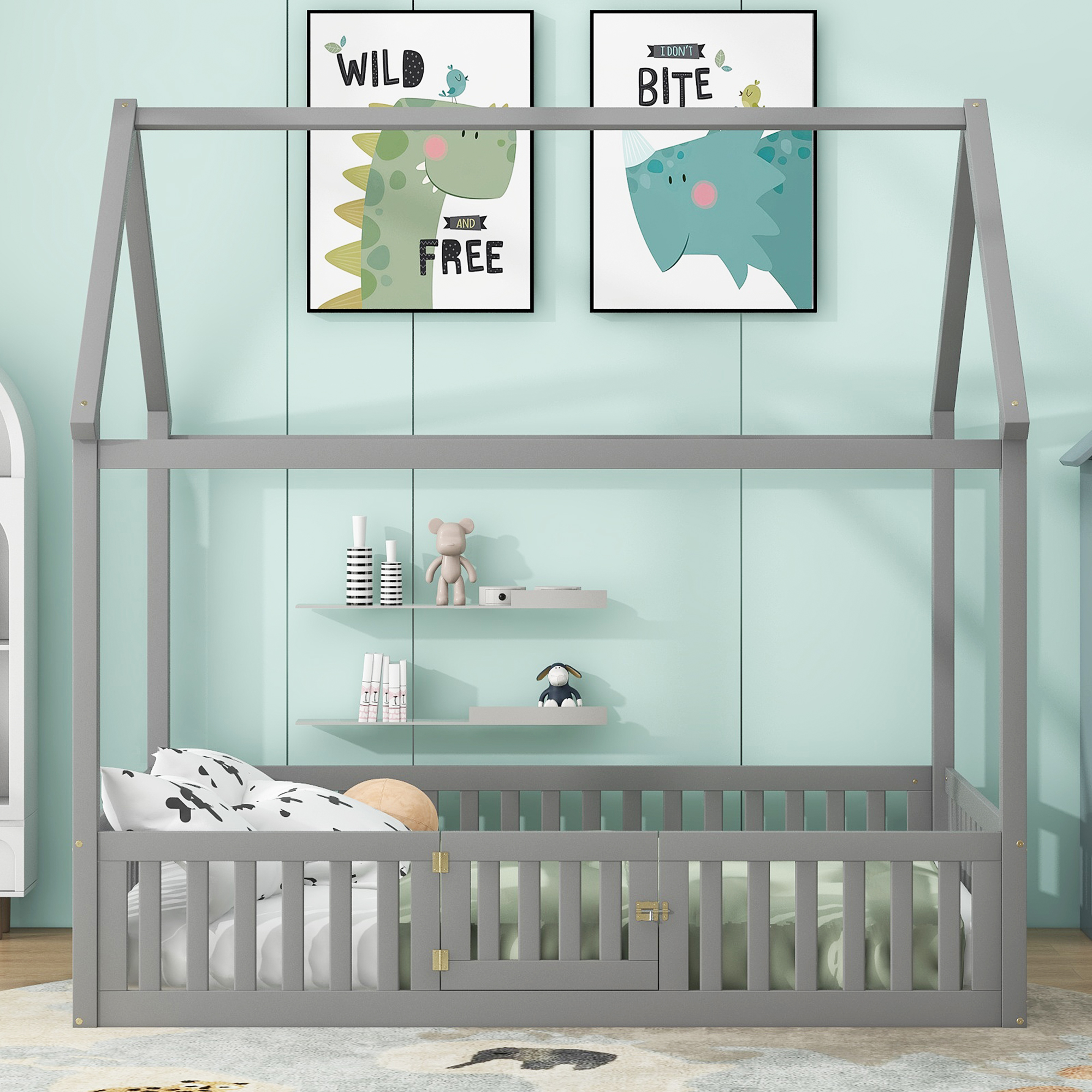 Twin/Full Size Wood House Bed with Fence and Door, Gray/White