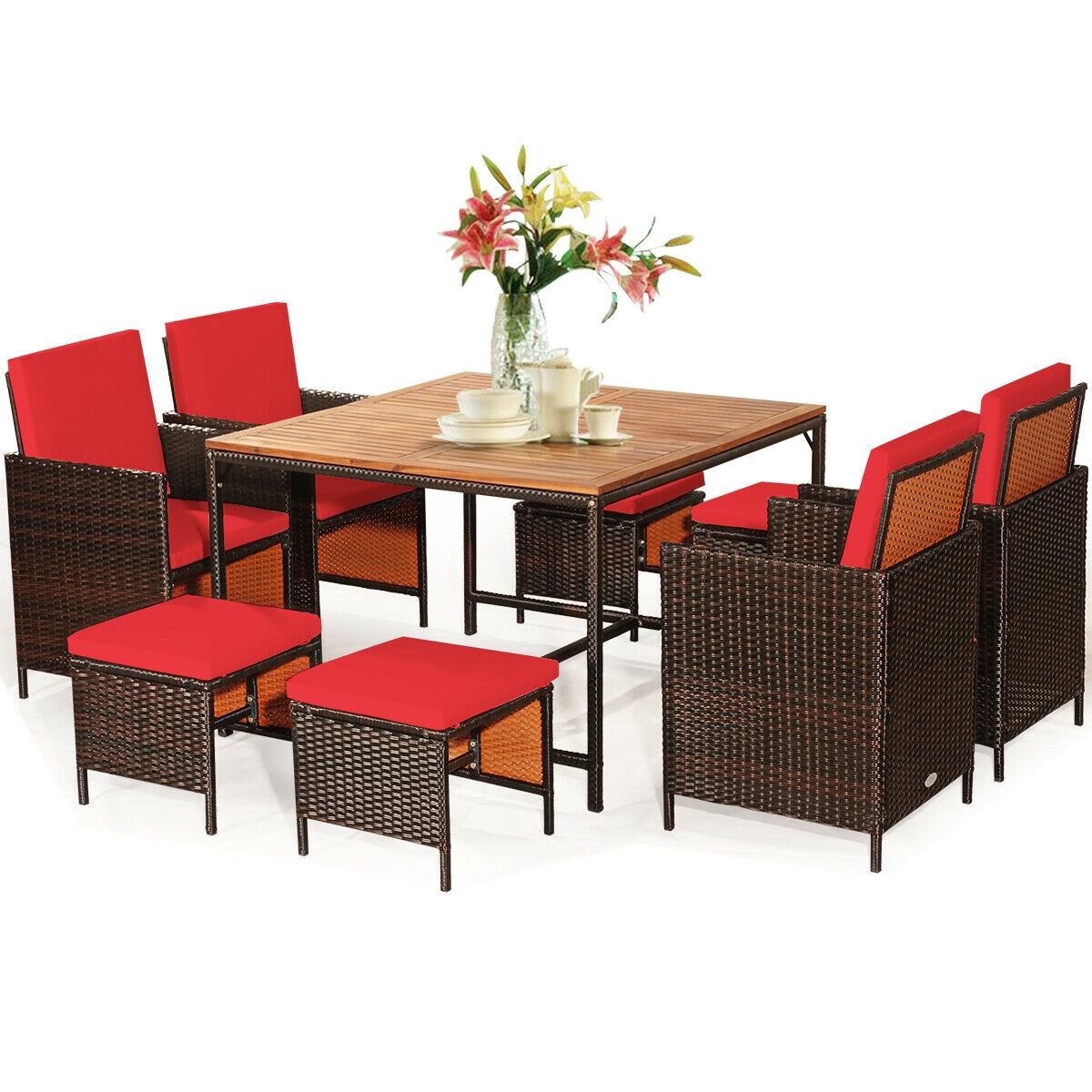 Mondawe 9PCS Patio Rattan Dining Cushioned Chairs Set-Red-Mondawe