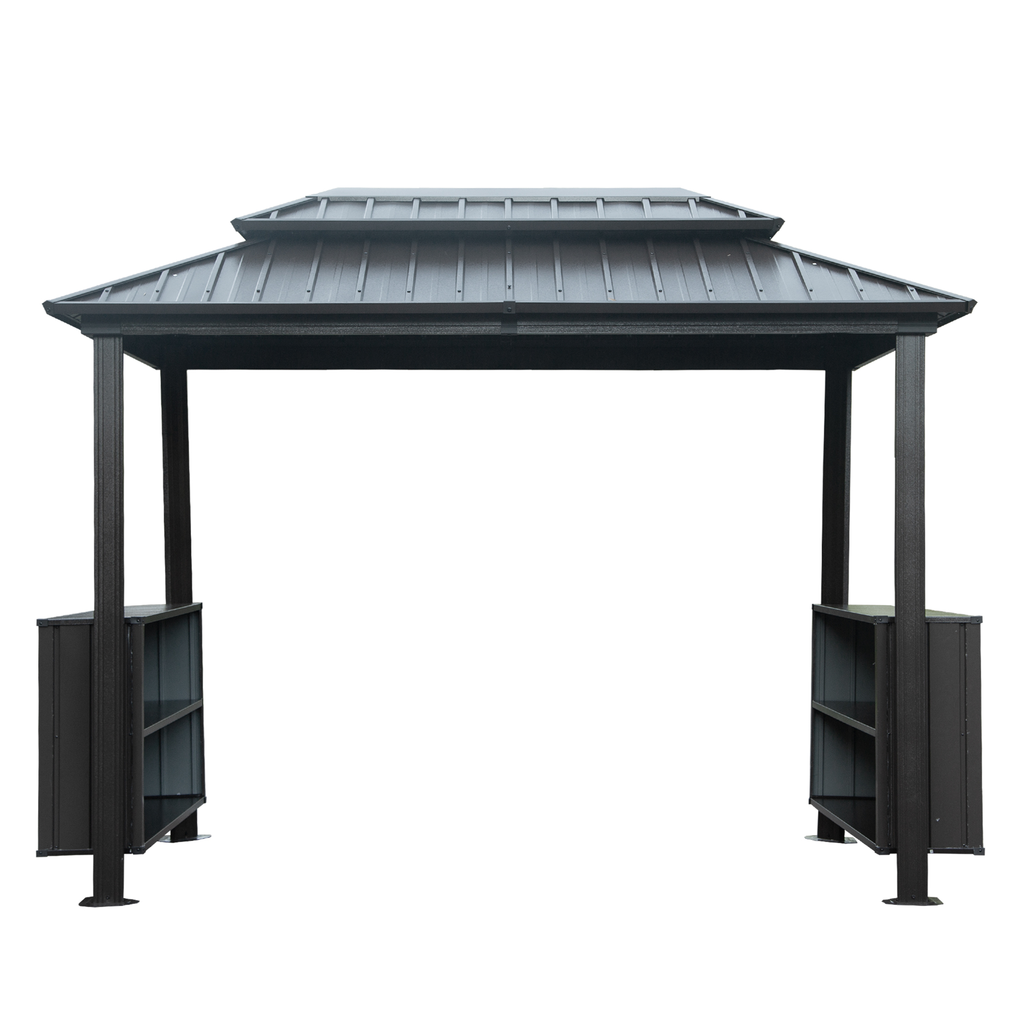 Hardtop Grill Gazebo, Outdoor BBQ Gazebo with 2 Side Shelves and Sloping Galvanized Steel Roof, Metal Permanent Grill Canopy with Ceiling Hooks for Patio, Lawn, Backyard, Deck