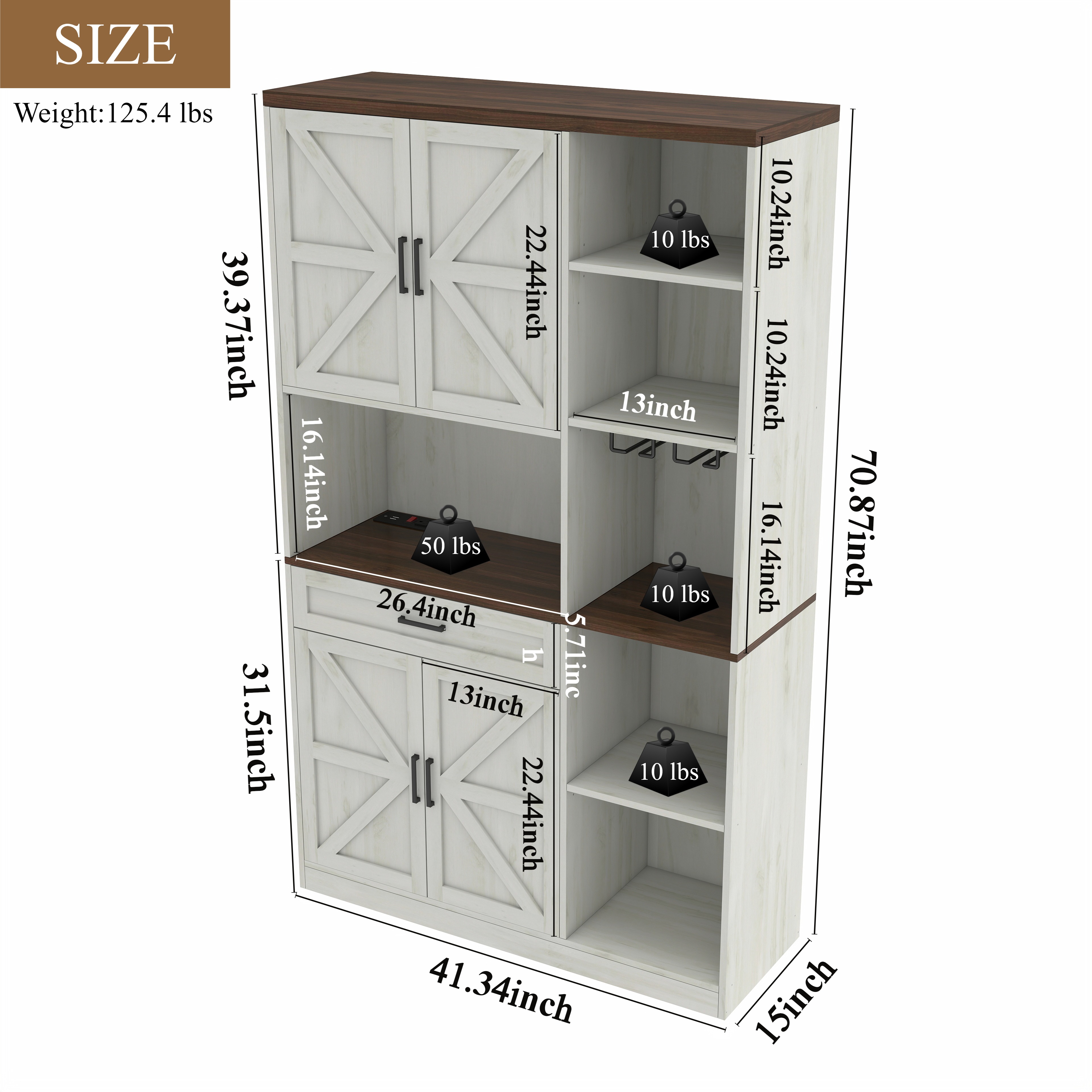 70.87'' Multifunctional Farmhouse Kitchen Pantry Sideboard with Cabinet and Drawer, Kitchen Buffet with Hutch and Glass Holder, Microwave Stand with Charging Station for Kitchen and Dining Room 