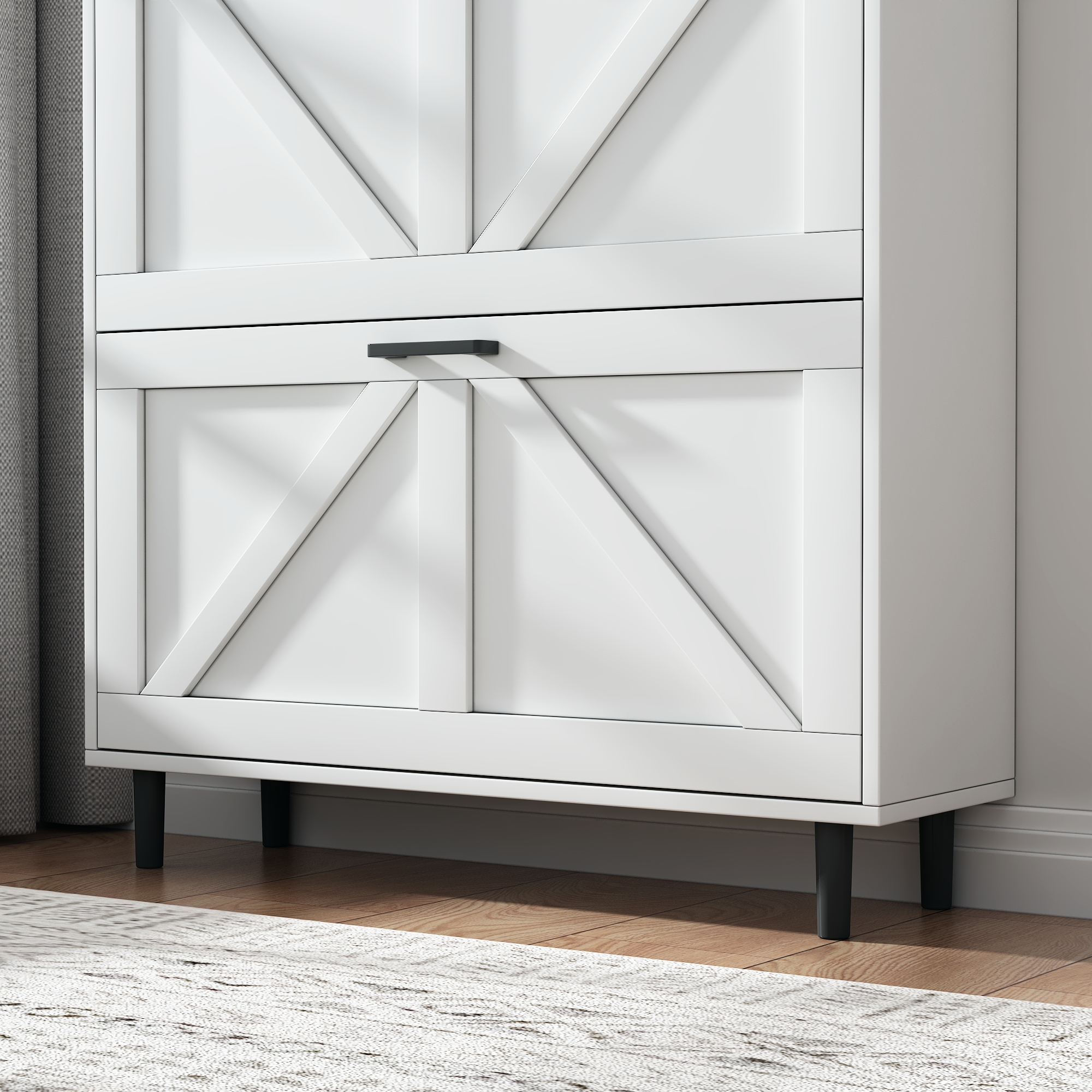 Farmhouse Shoe Storage Cabinet with Barn Door Design, Shoe Organizer with 2 Flip Drawers, Freestanding Narrow Shoe Rack Cabinet with Open Storage for Entryway,Foyer,Hallway,(Antique White/Natural Wood) 