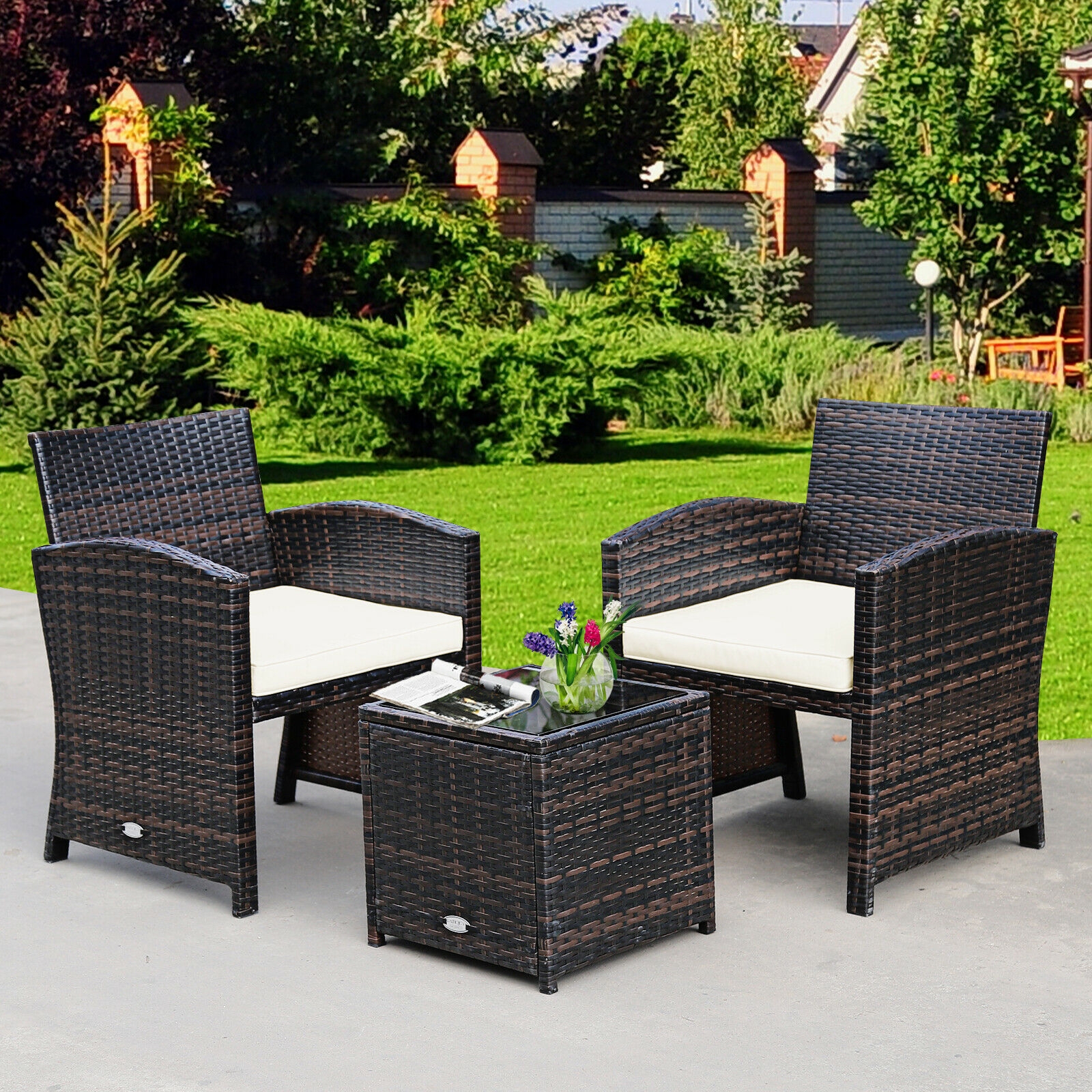 Mondawe 3 Pieces PE Rattan Wicker Furniture Set with Cushion Sofa Coffee Table for Garden-White-Mondawe