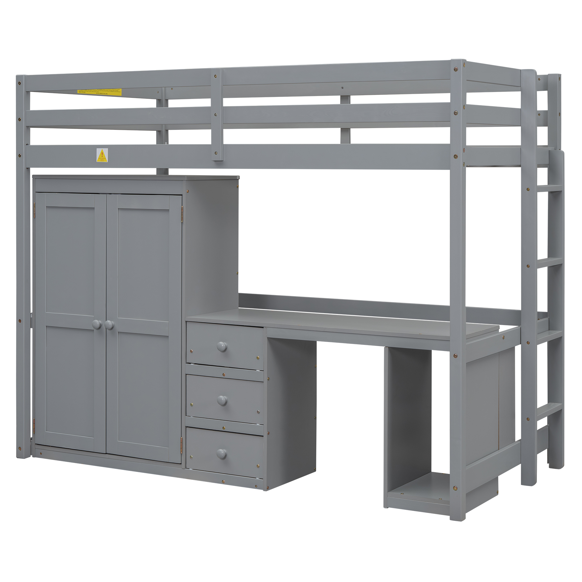 Full/Twin Size Loft Bed with Wardrobe, Desk and Storage Drawers, Gray/White