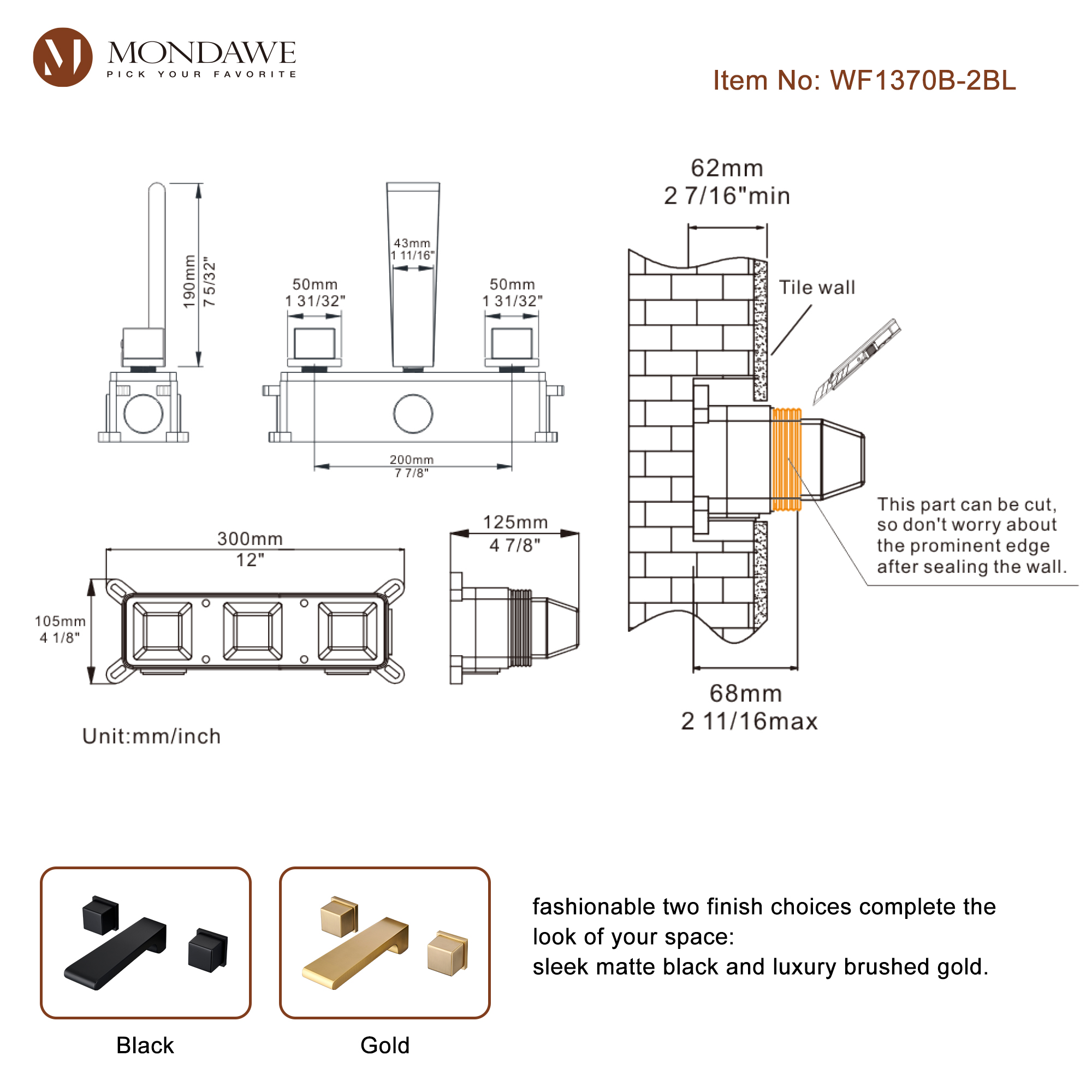 Mondawe Spot Free Widespread Wall Mount 3-Hole Sink  Water Tap with Double Handle-Mondawe