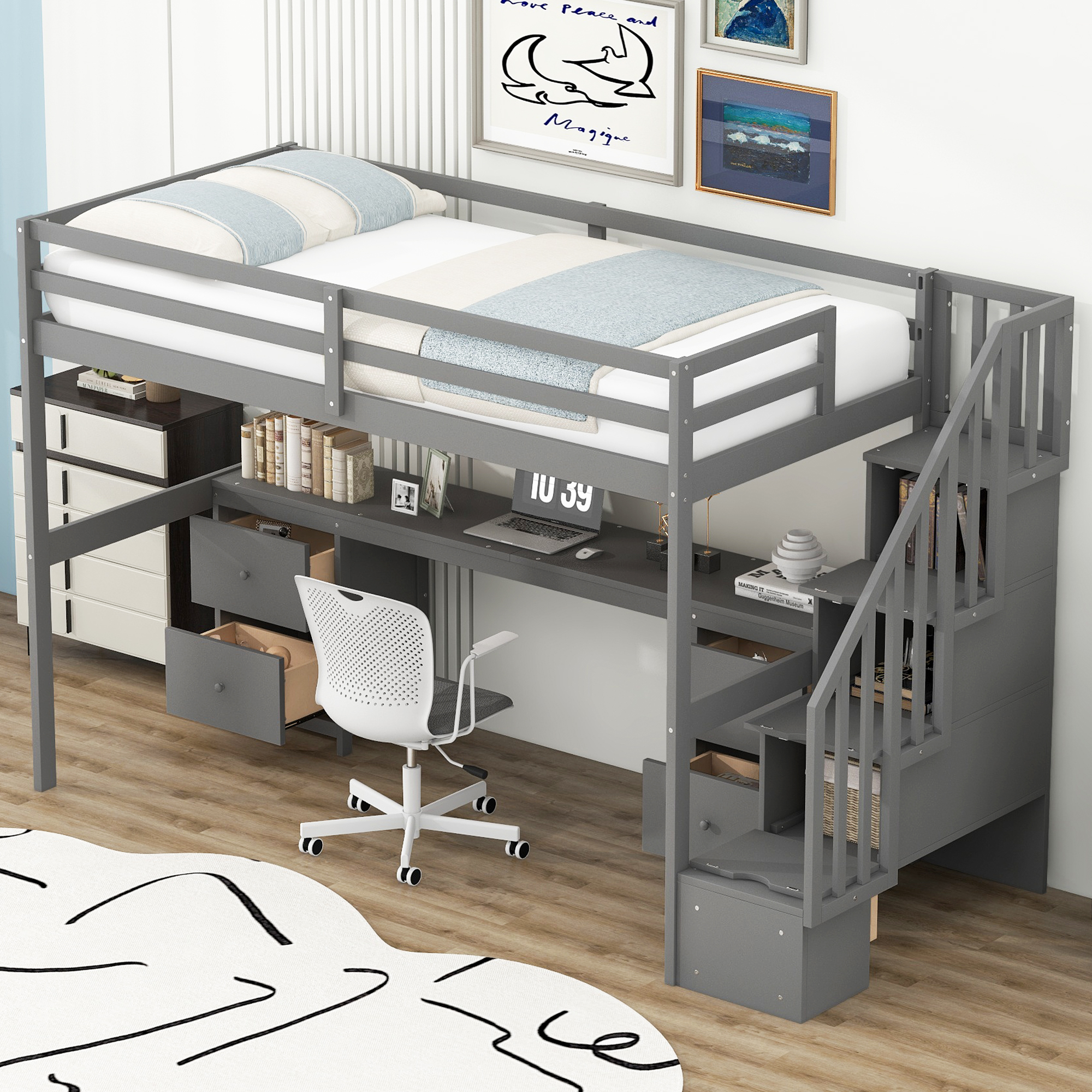 Twin Size Loft Bed Frame with Built-in Desk and Double Storage Drawers,White/Gray