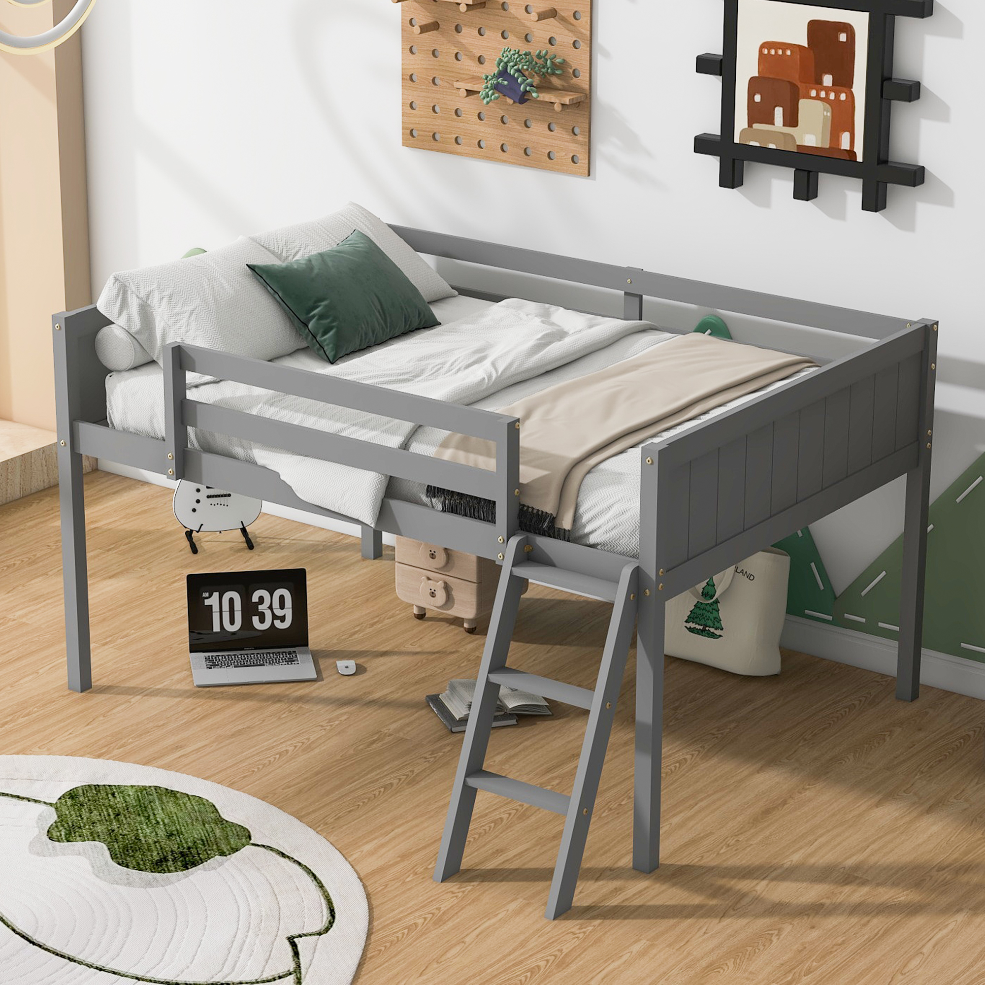 Full Size Wood Low Loft Bed with Ladder, ladder can be placed on the left or right, Gray/White