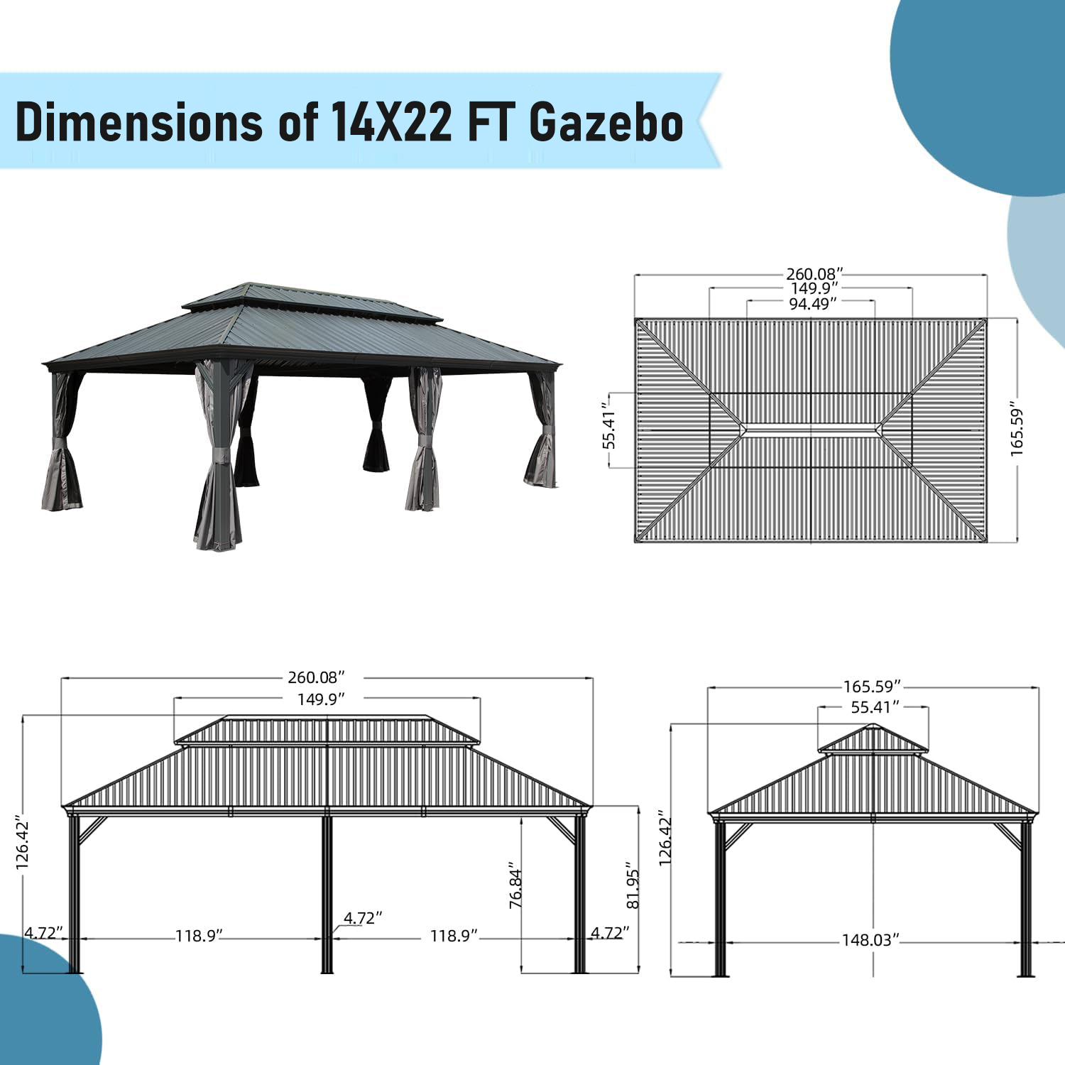 14x22FT Hardtop Gazebo, Outdoor Gazebo with Galvanized Steel Double Roof, Aluminum Frame, Built-in Gutter System, Curtain and Netting, Metal Gazebo Pavilion for Patio Deck Garden, Brown/Grey