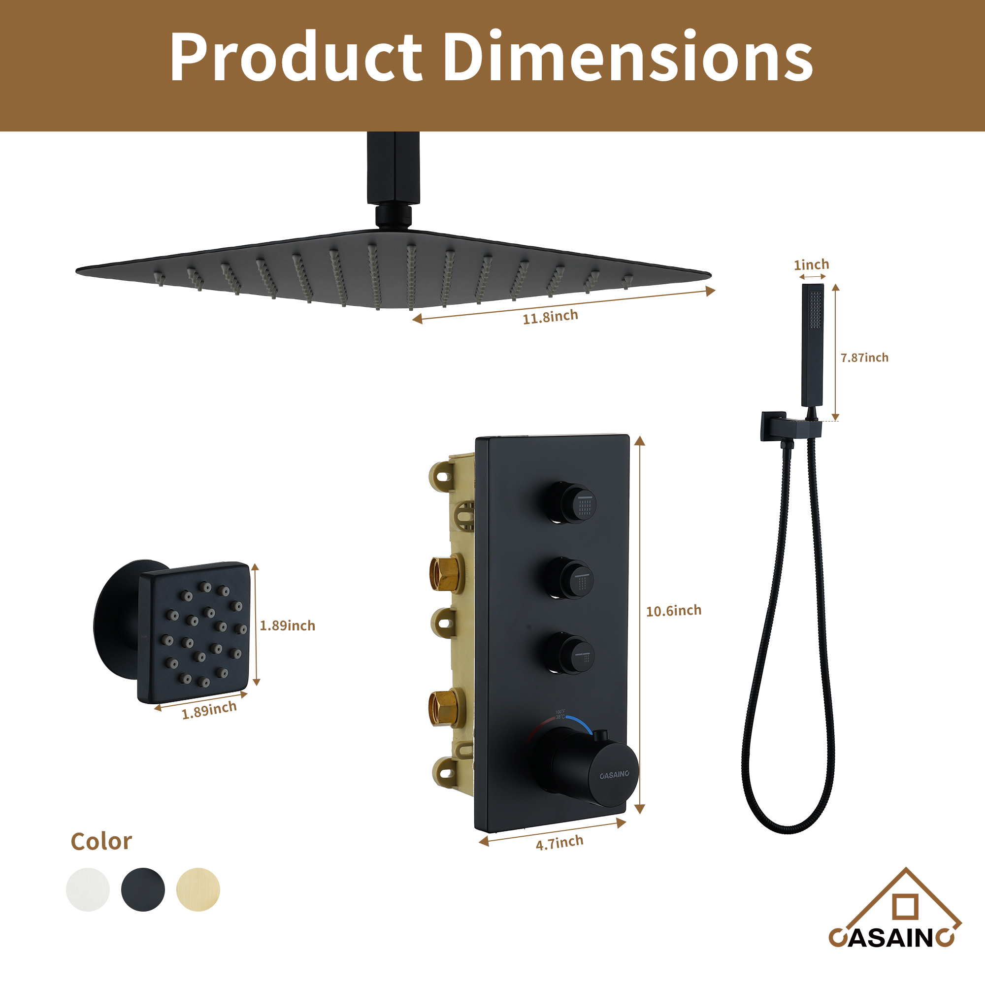 Thermostatic 2-Spray Patterns 12 in. Dual Ceiling Mount Fixed and Handheld Shower Head in Matte Black with 6-Jets