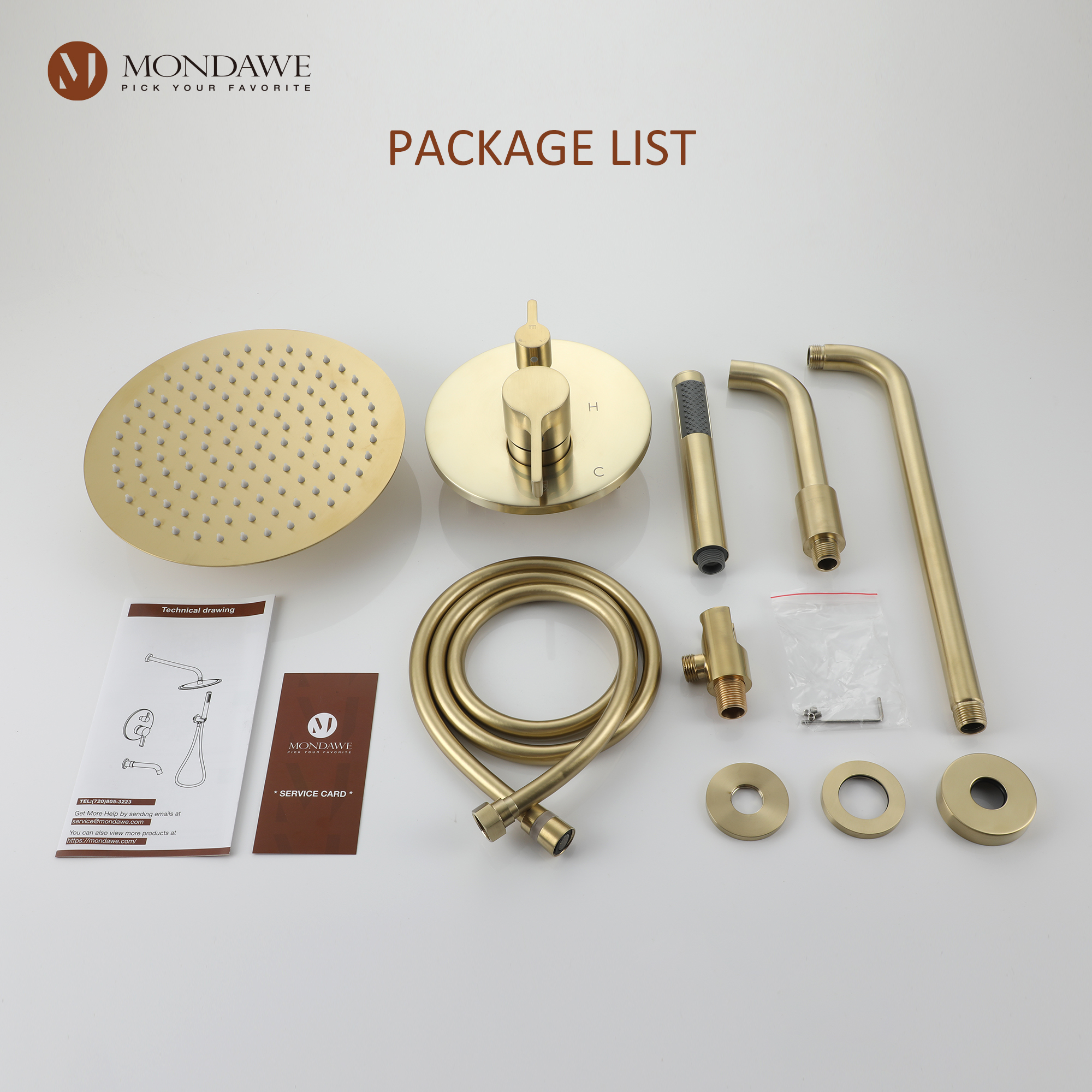 GOLD-Mondawe Three function Pressure Balance Shower Set with 10 in Round Shower Head(5 color, Valve Included)-Mondawe
